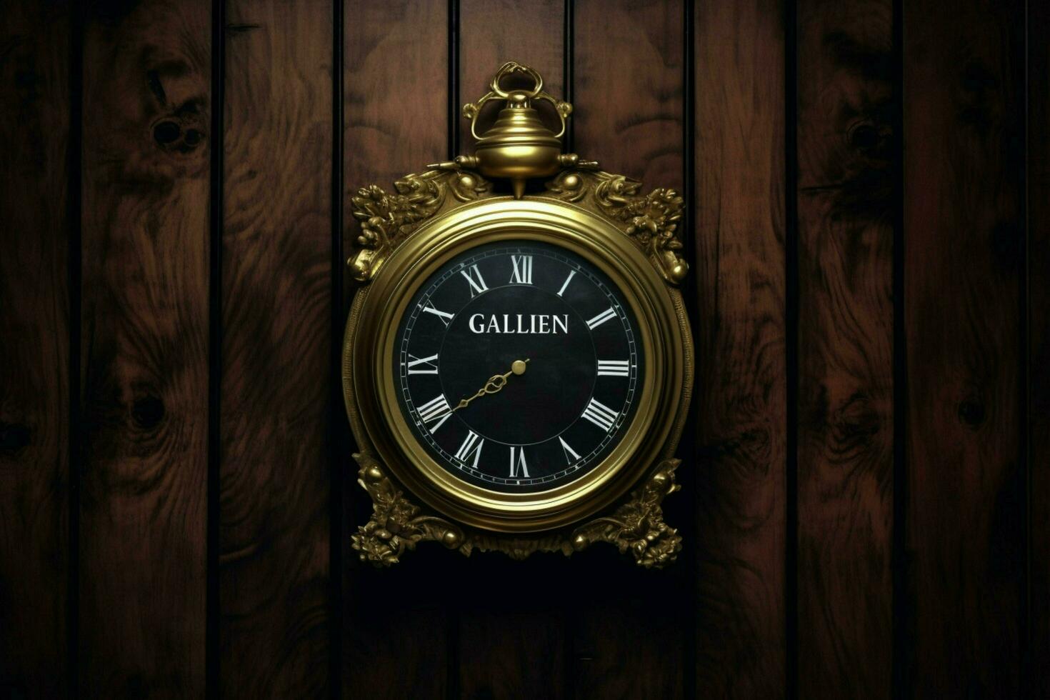 a frame on a dark wood wall with a clock and the photo