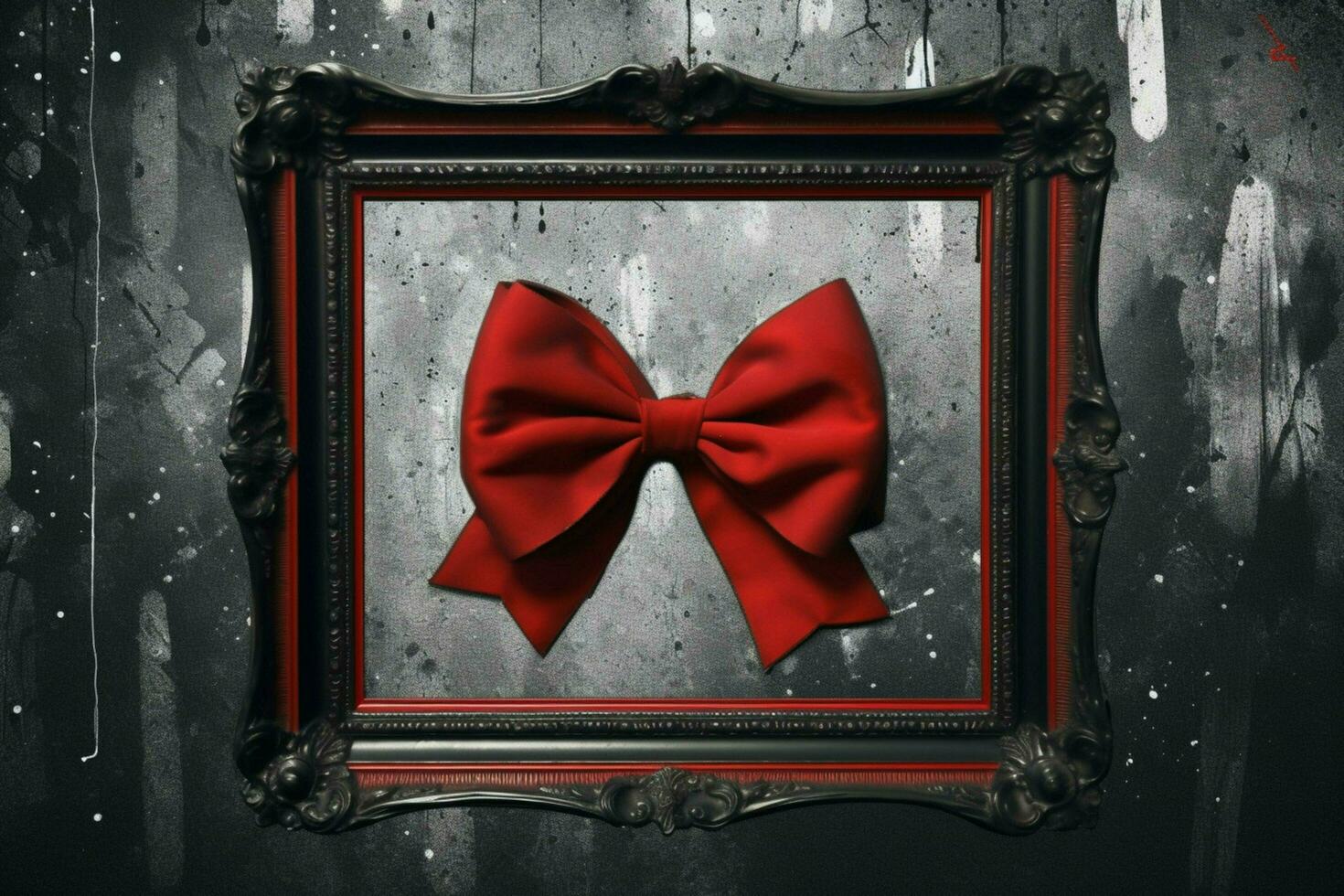 a frame with a red ribbon and a bow photo