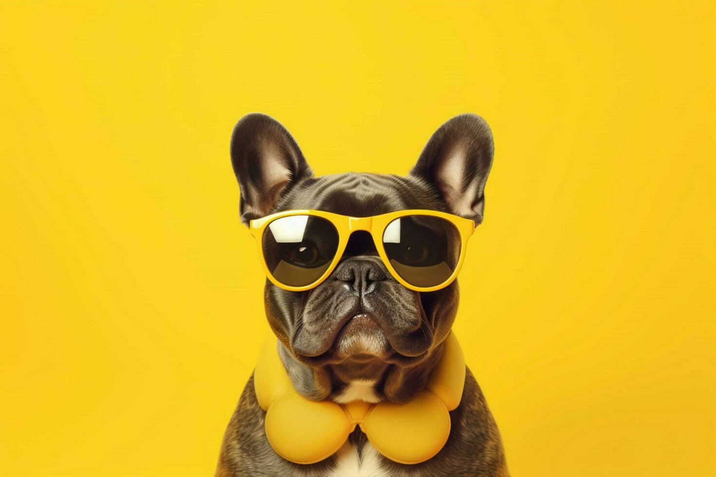 a french bulldog wearing yellow glasses sits on a photo