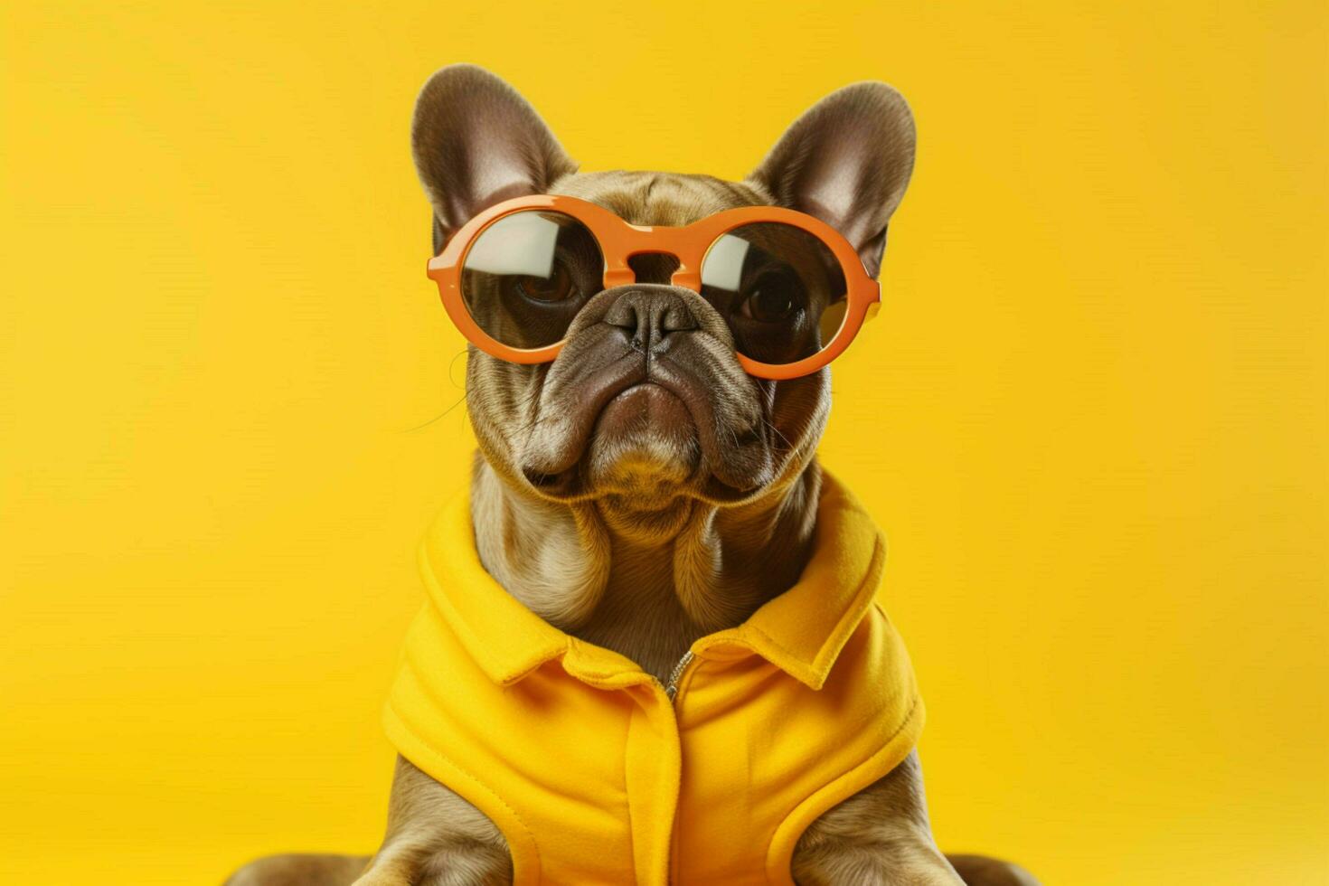 un francés buldog vistiendo amarillo lentes se sienta en un foto