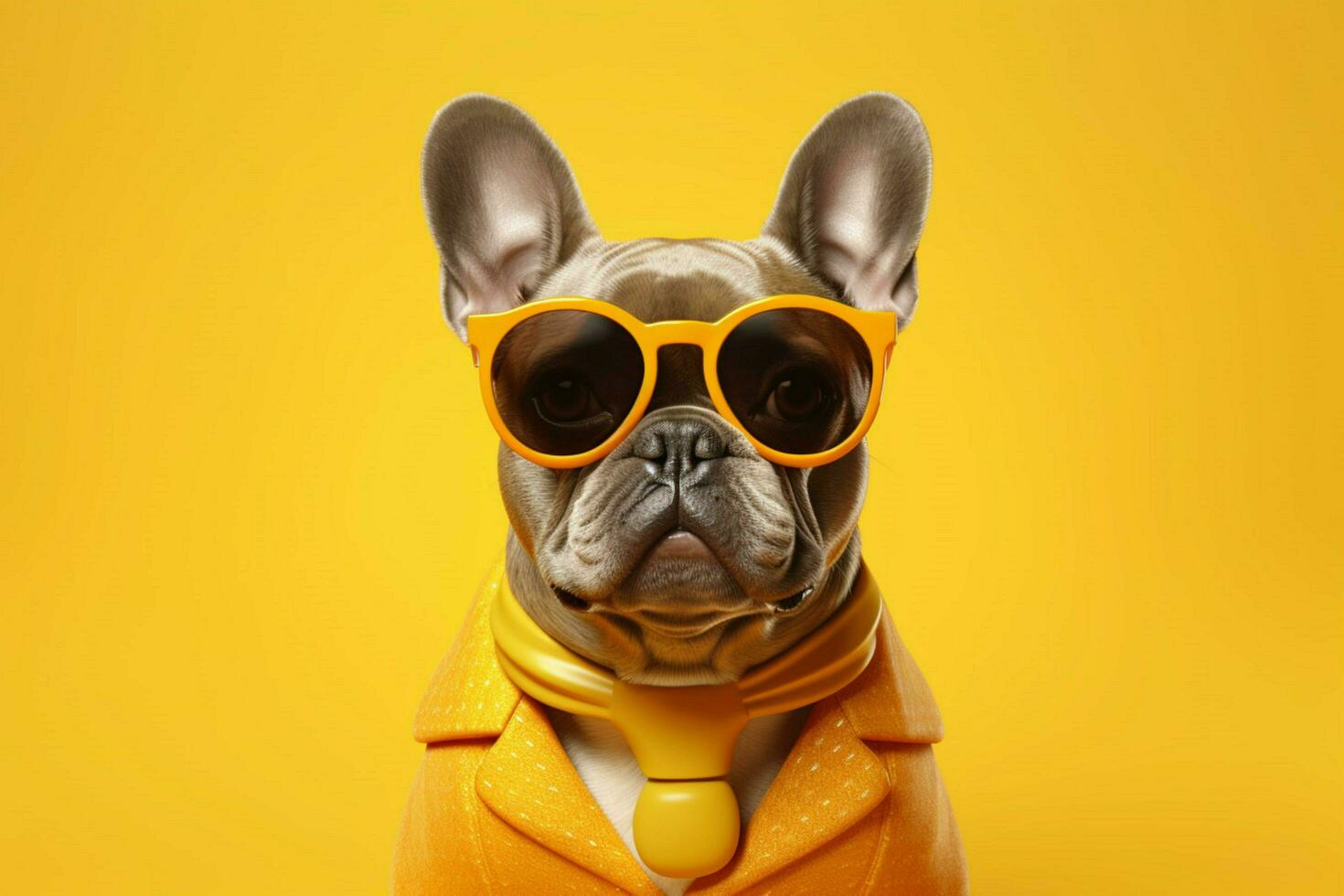 a french bulldog wearing yellow glasses sits on a photo
