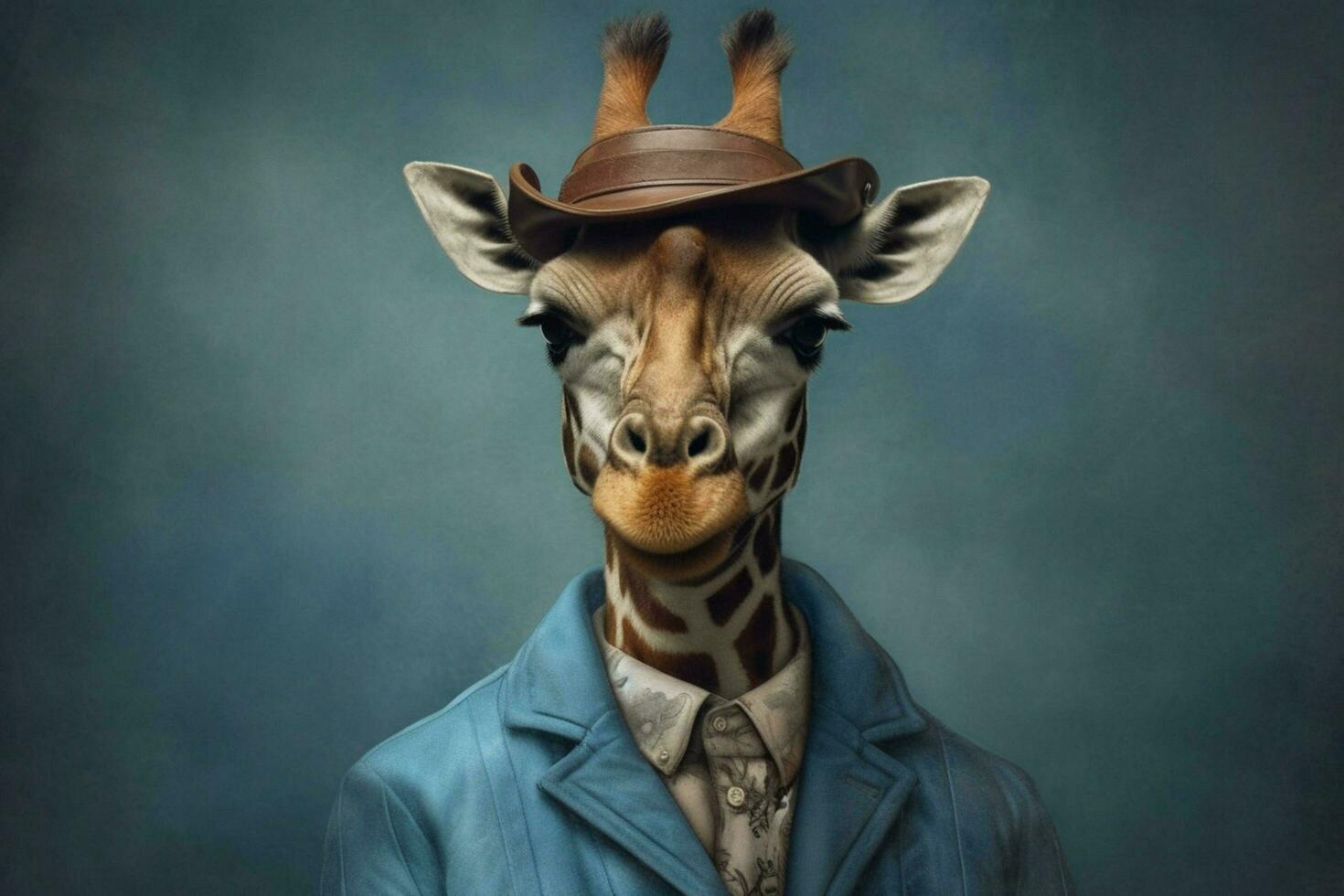 a giraffe with a blue jacket and a blue hat photo