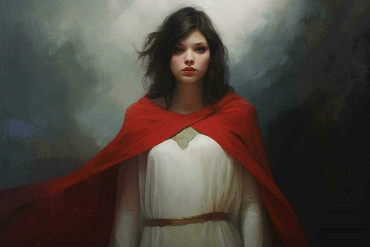 a girl in a white dress with a red cape and a red c photo