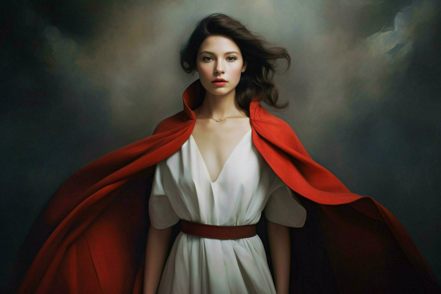 a girl in a white dress with a red cape and a red photo