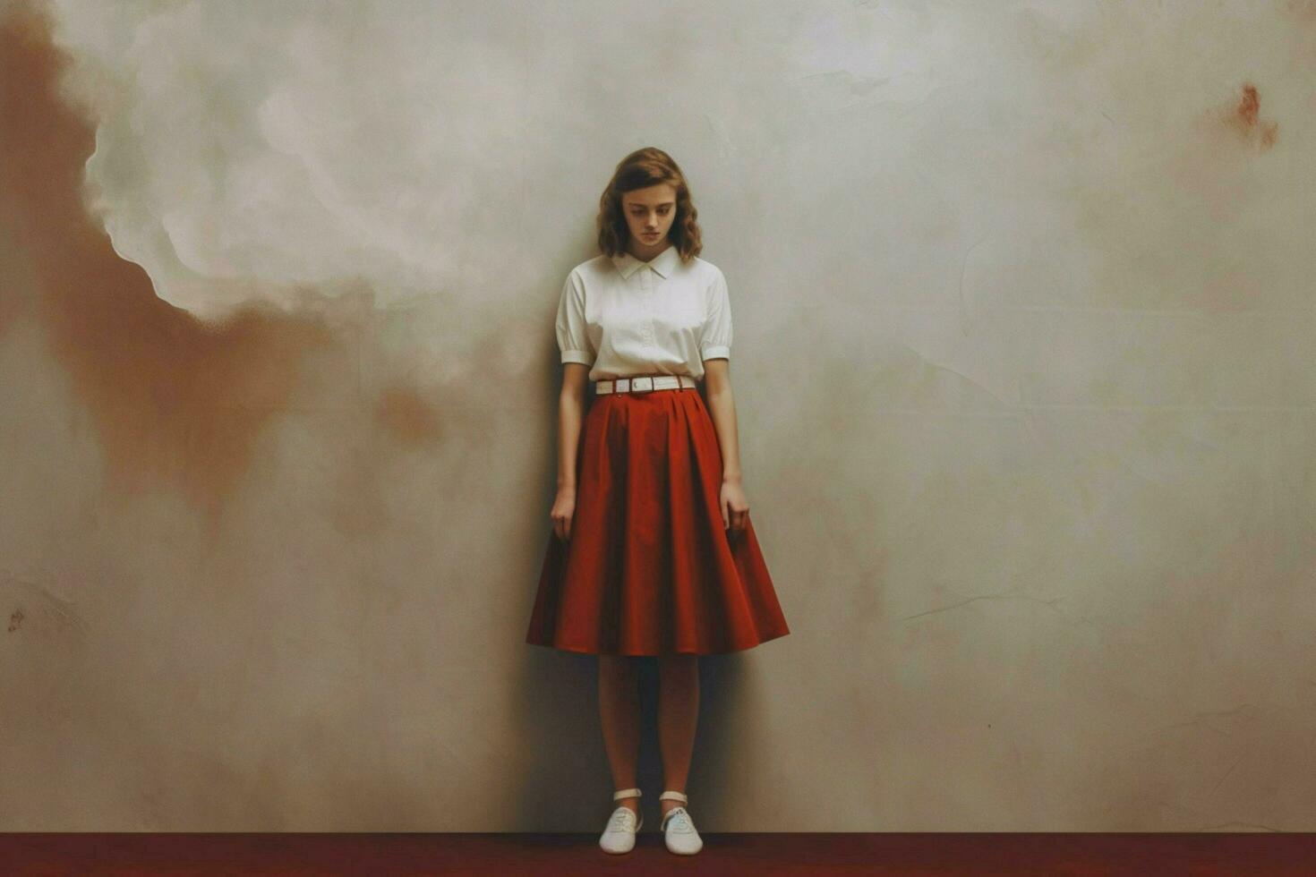 un niña en un blanco falda y un rojo y blanco falda foto