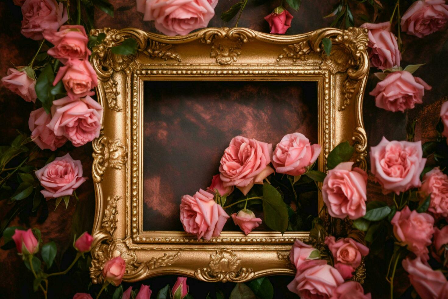 a gold frame with pink roses on it photo