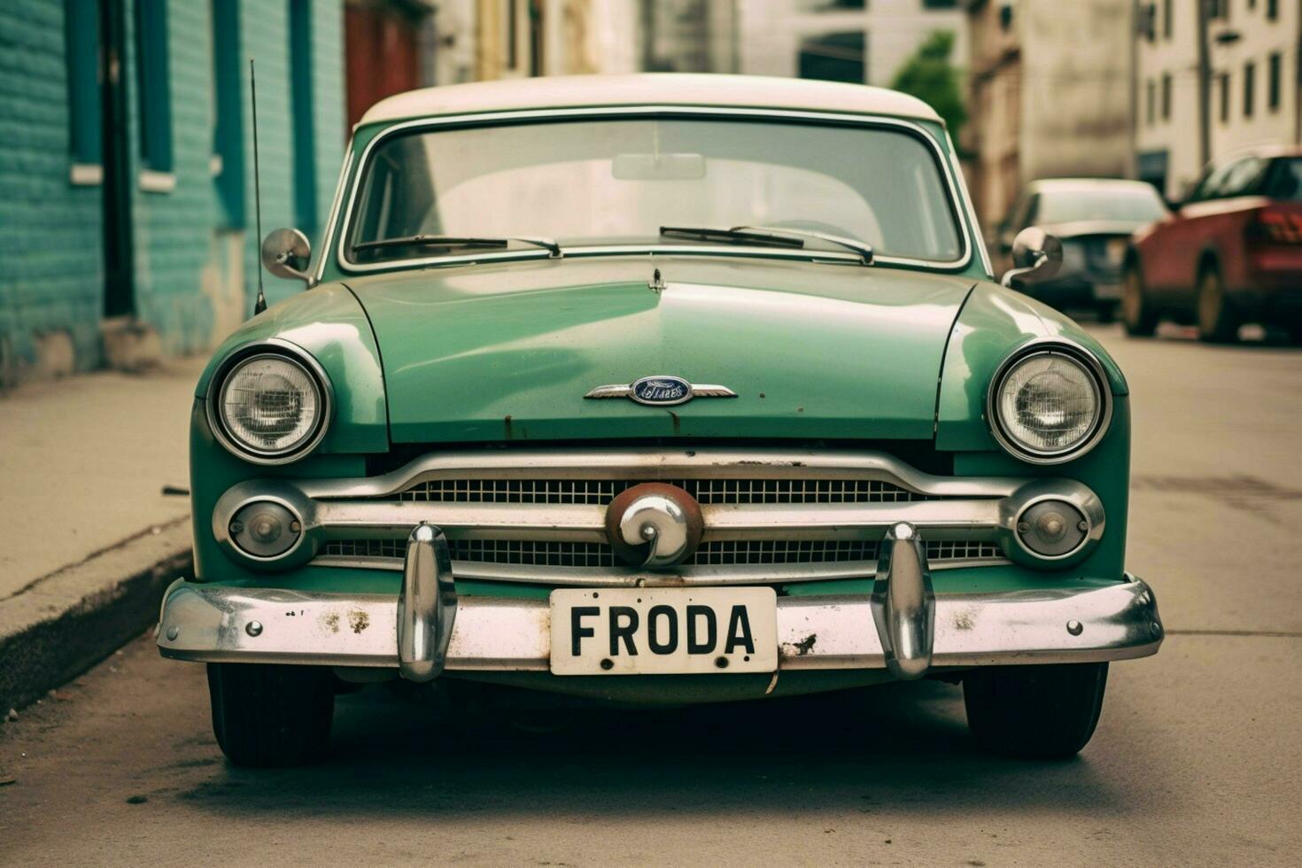 a green car with a license plate that saysfordon photo