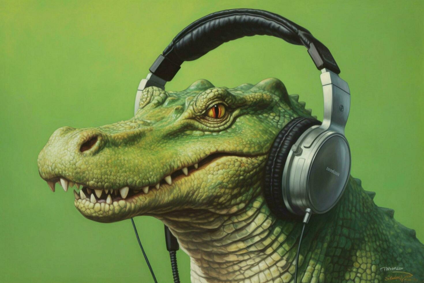 a green crocodile with headphones on it photo