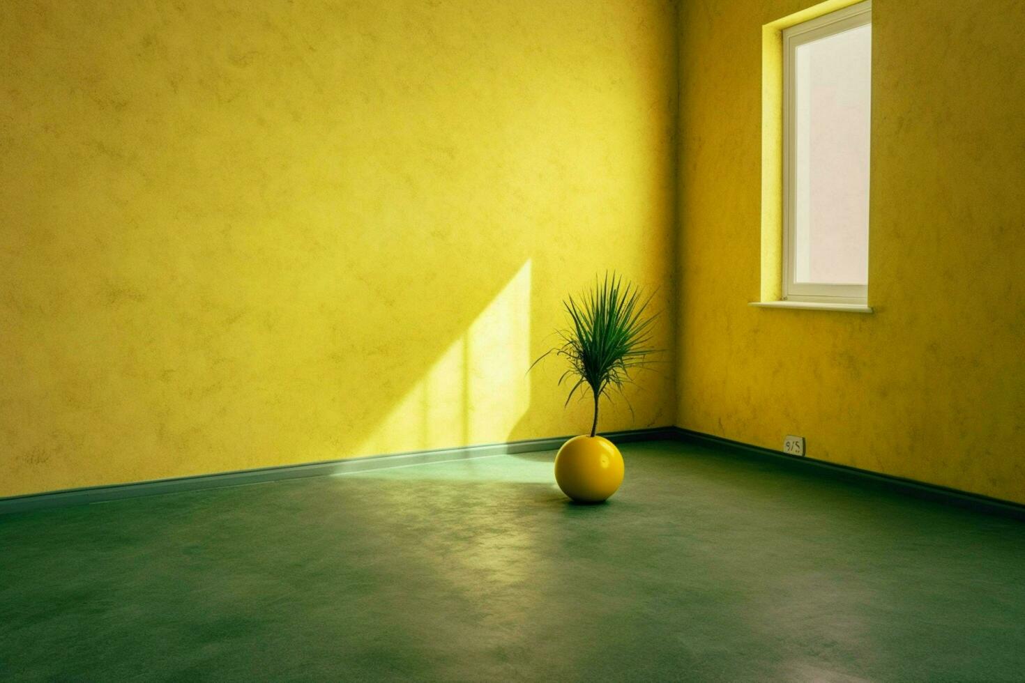 un verde habitación con un planta en el esquina y un amarillo foto