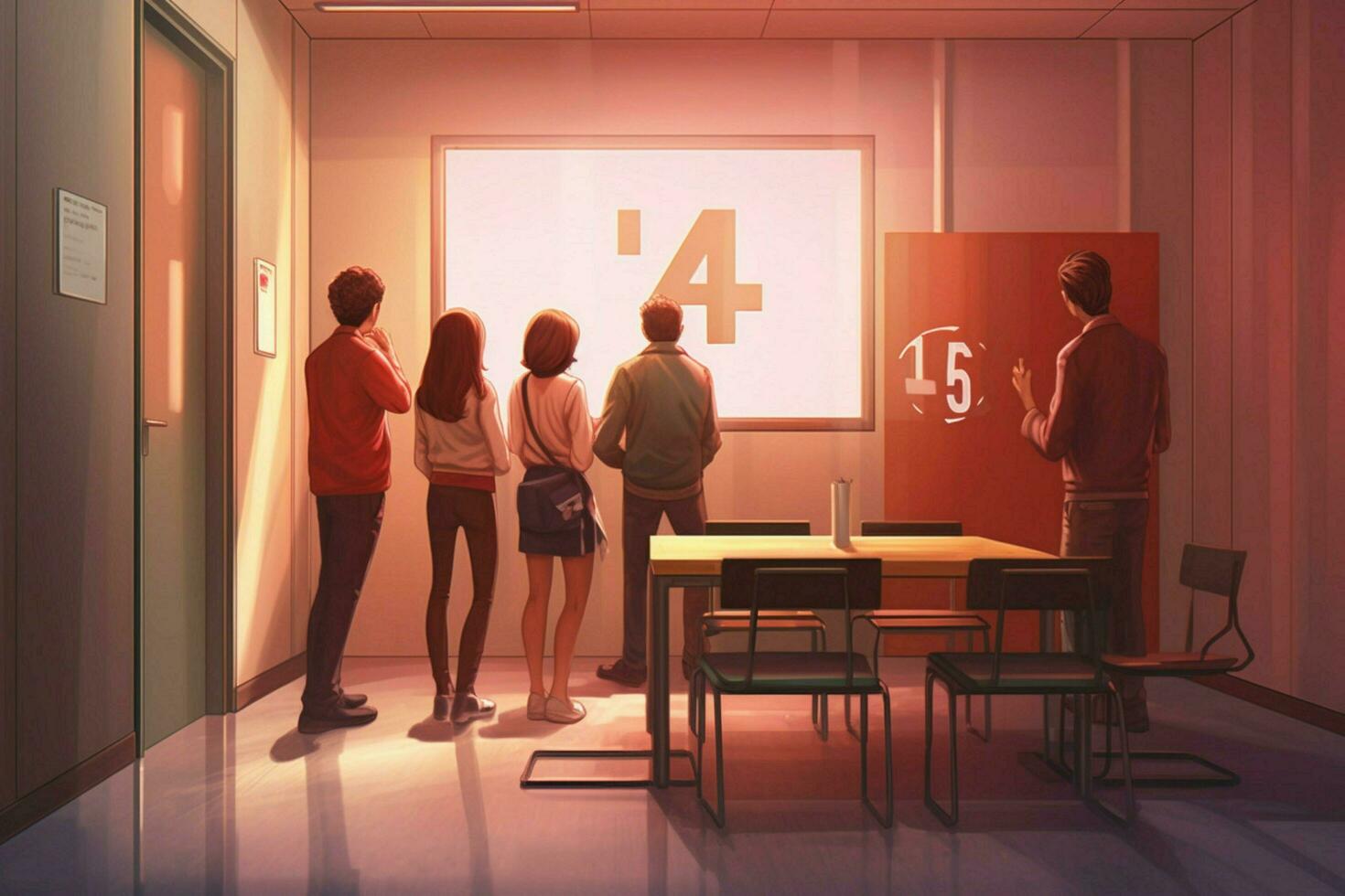 a group of people stands in a room with a table tha photo