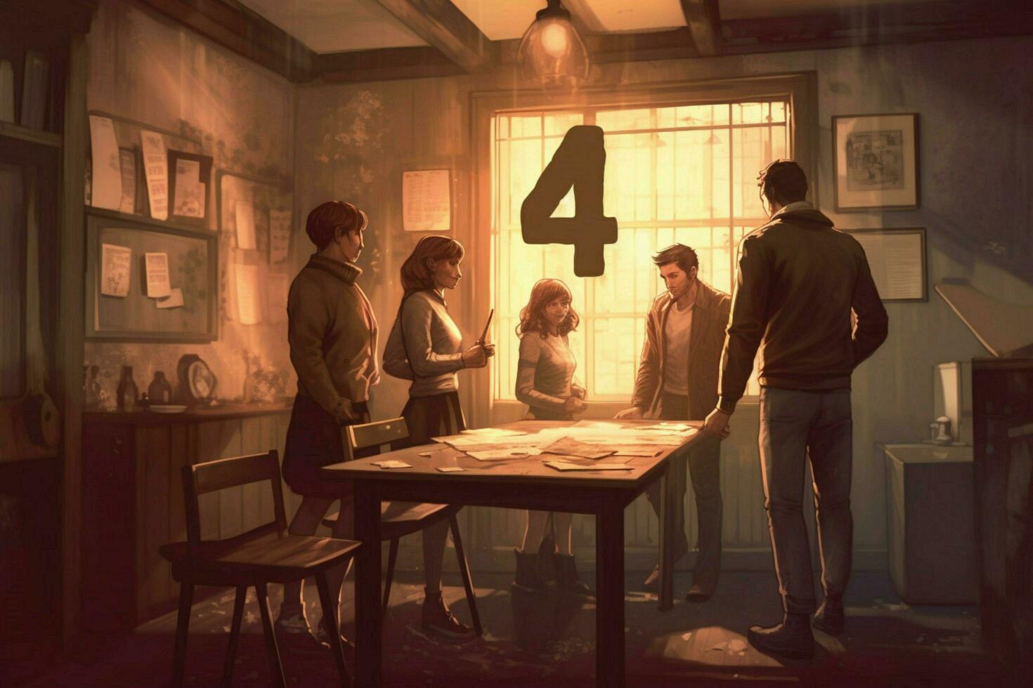 a group of people stands in a room with a table t photo