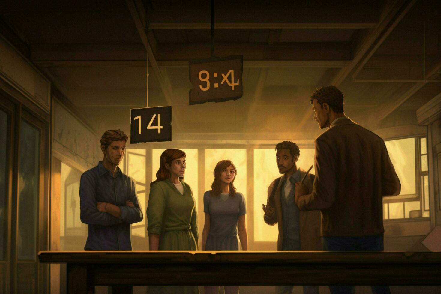a group of people stands in a room with a table t photo