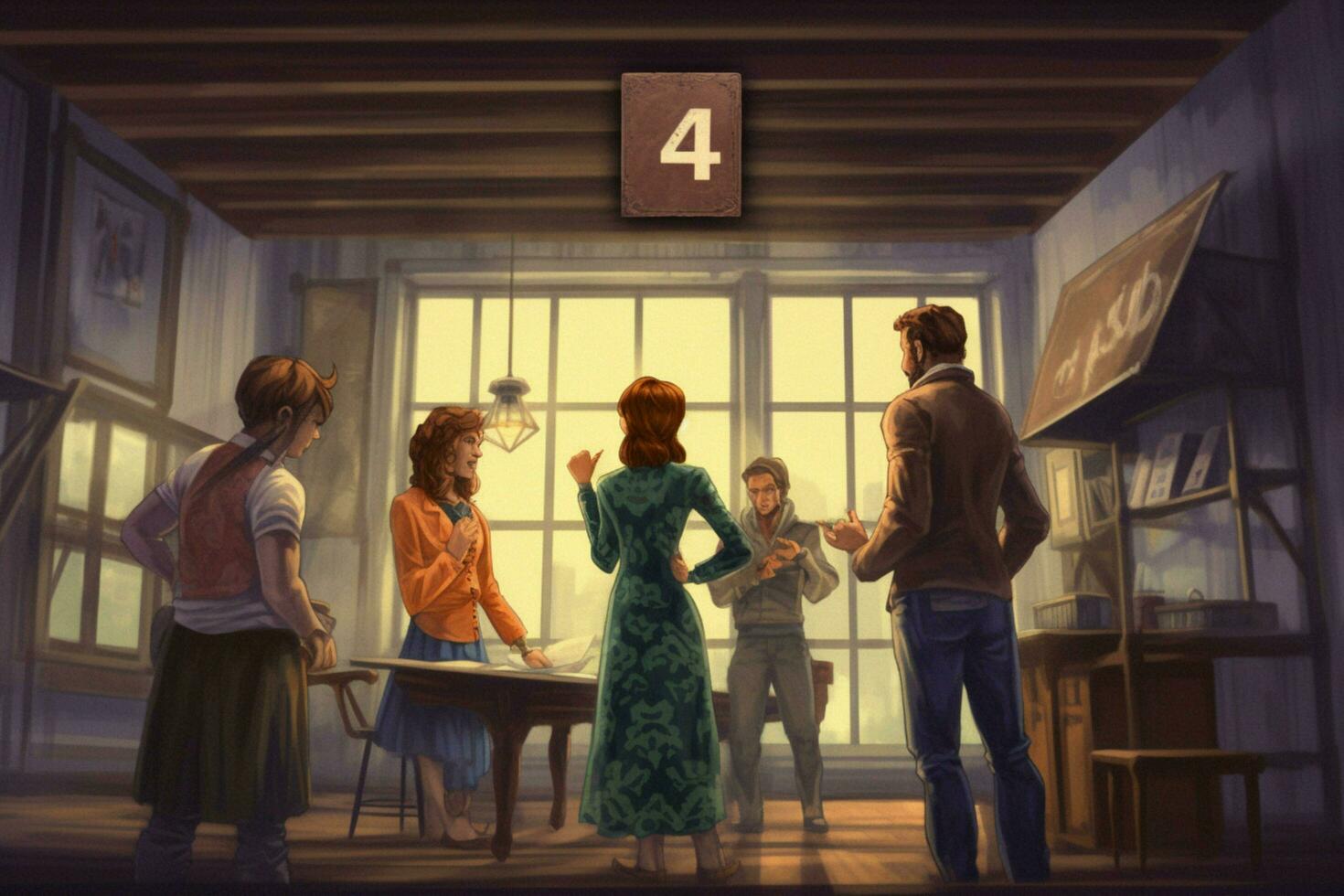 a group of people stands in a room with a table t photo