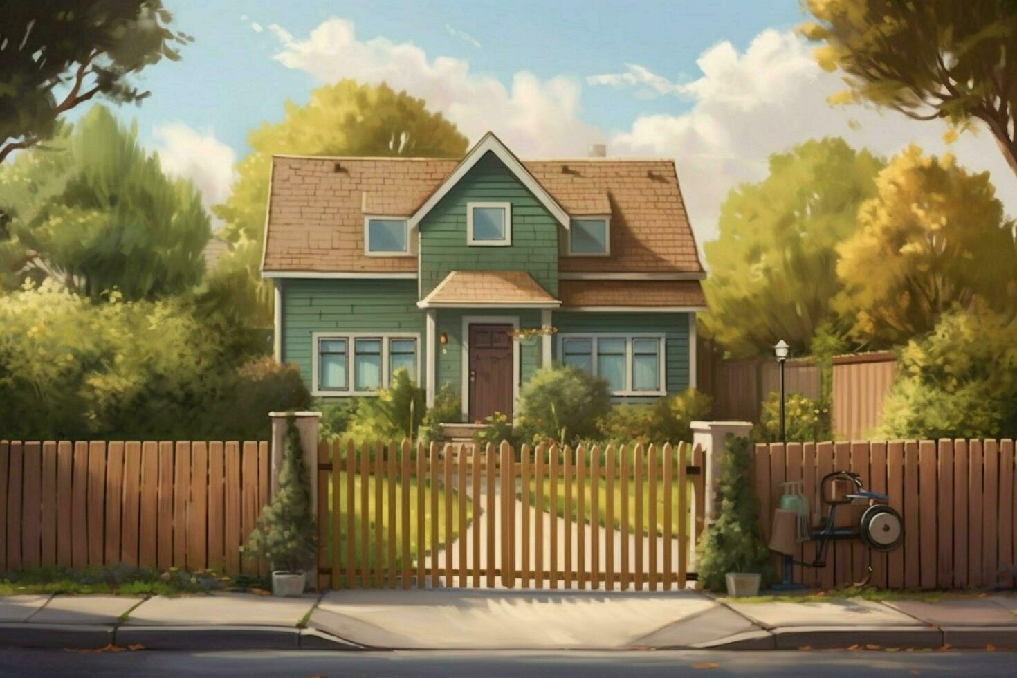 a house with a garage and a fence in front of it photo