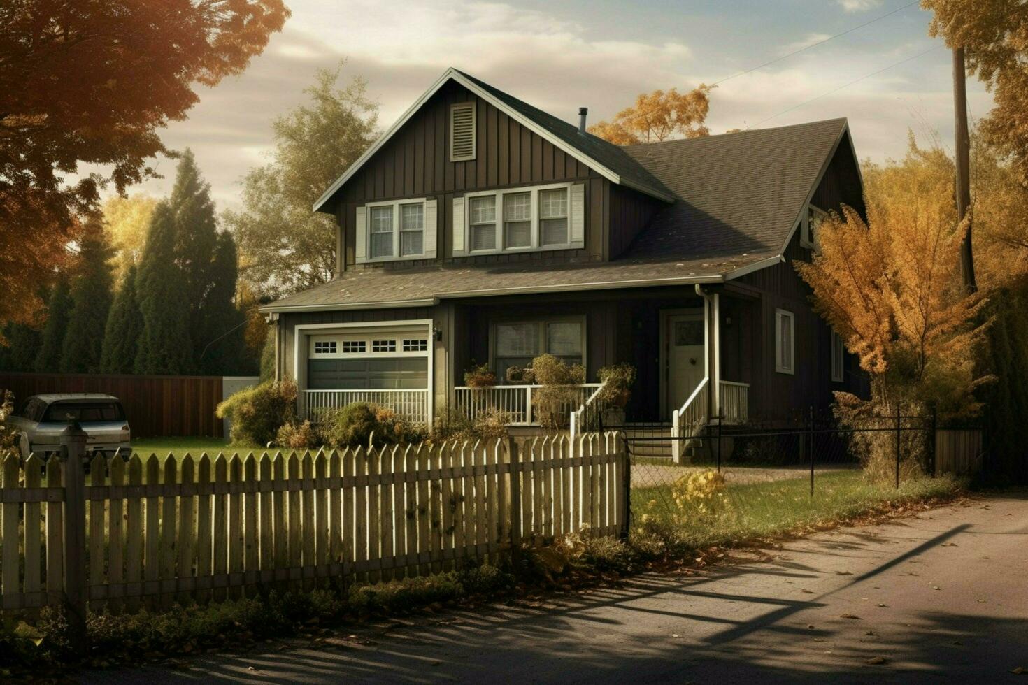 a house with a garage and a fence in front of it photo