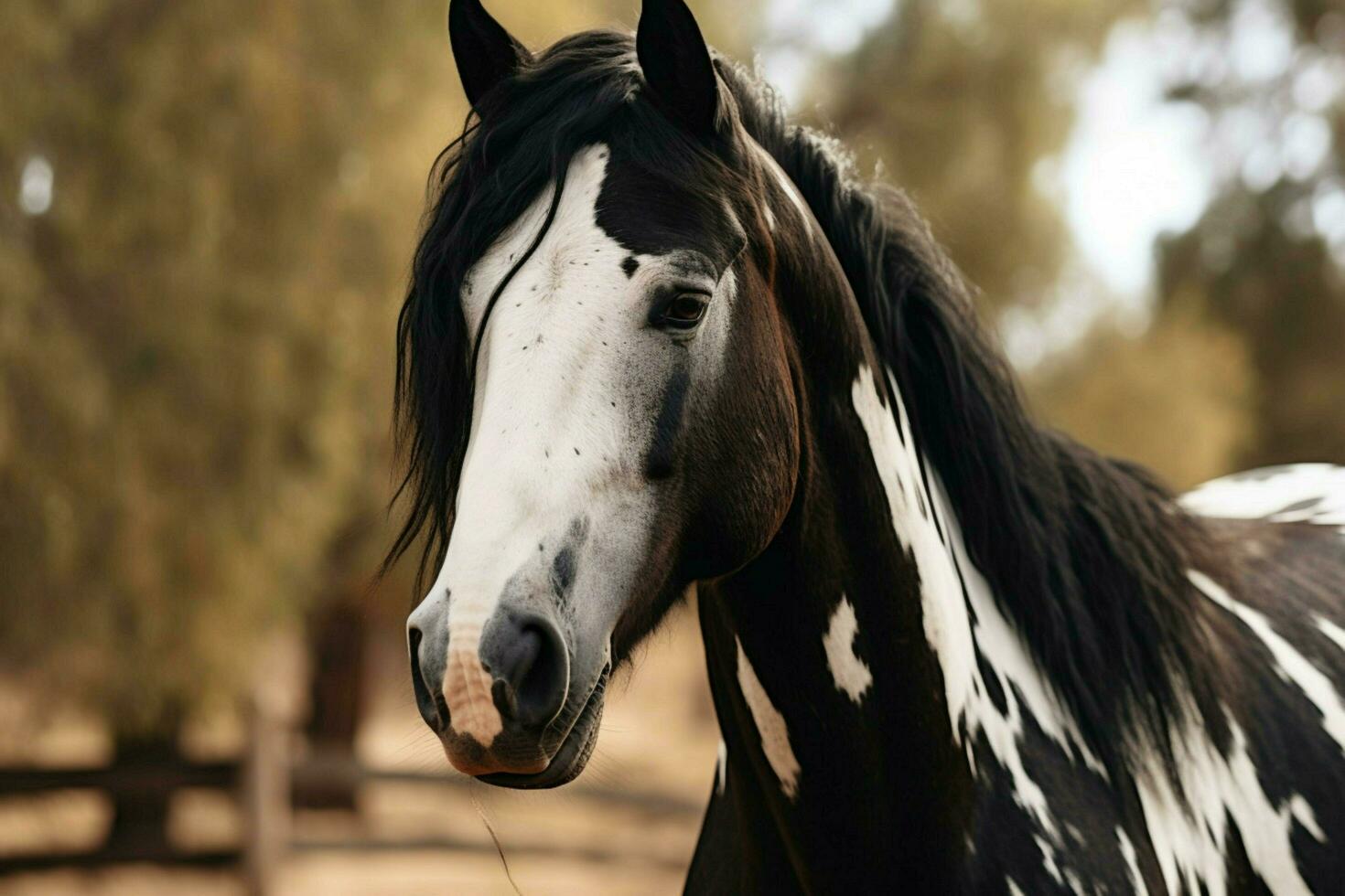 a horse with a black mane and white markings on i photo