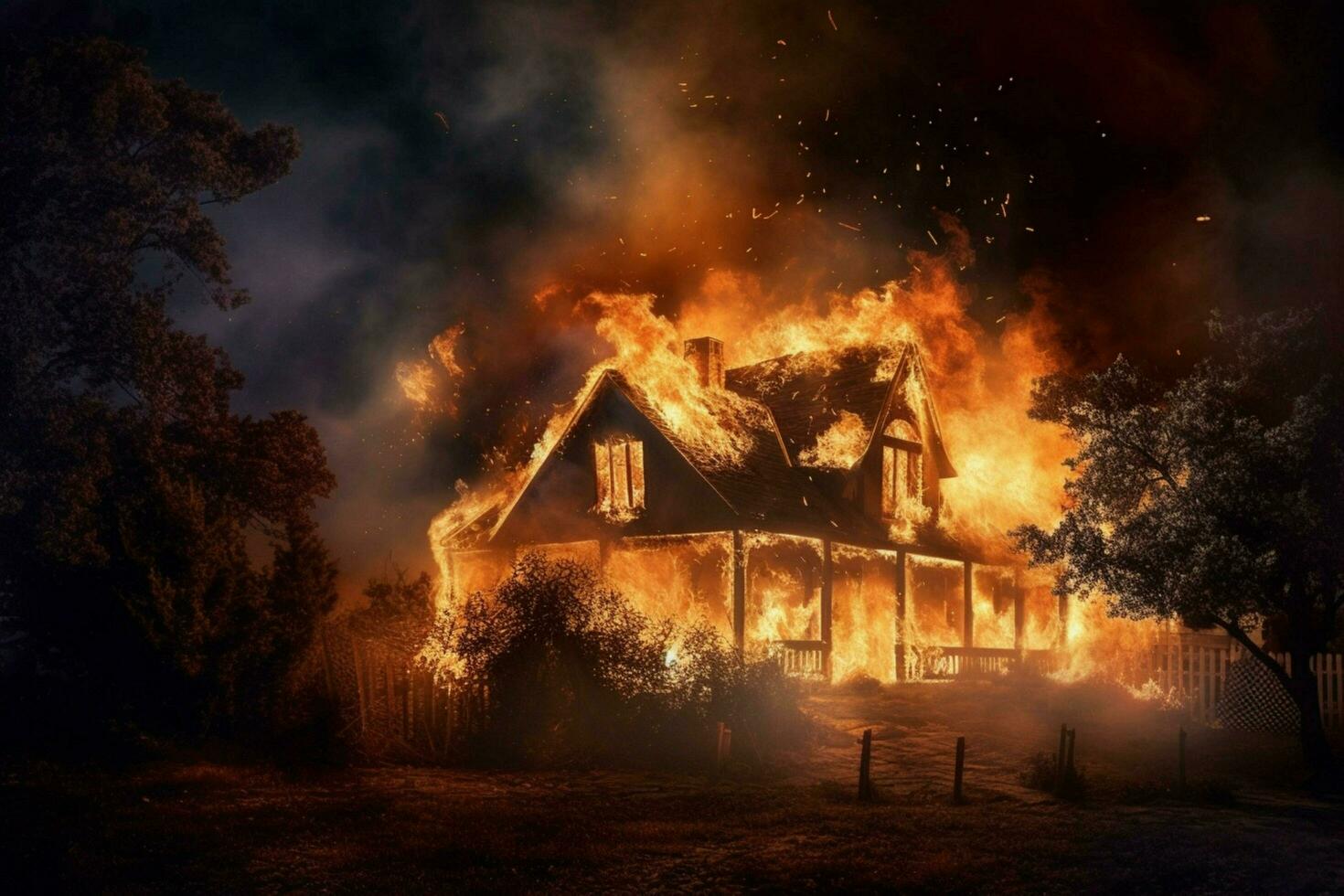 a house is burning in the night with the word fir photo