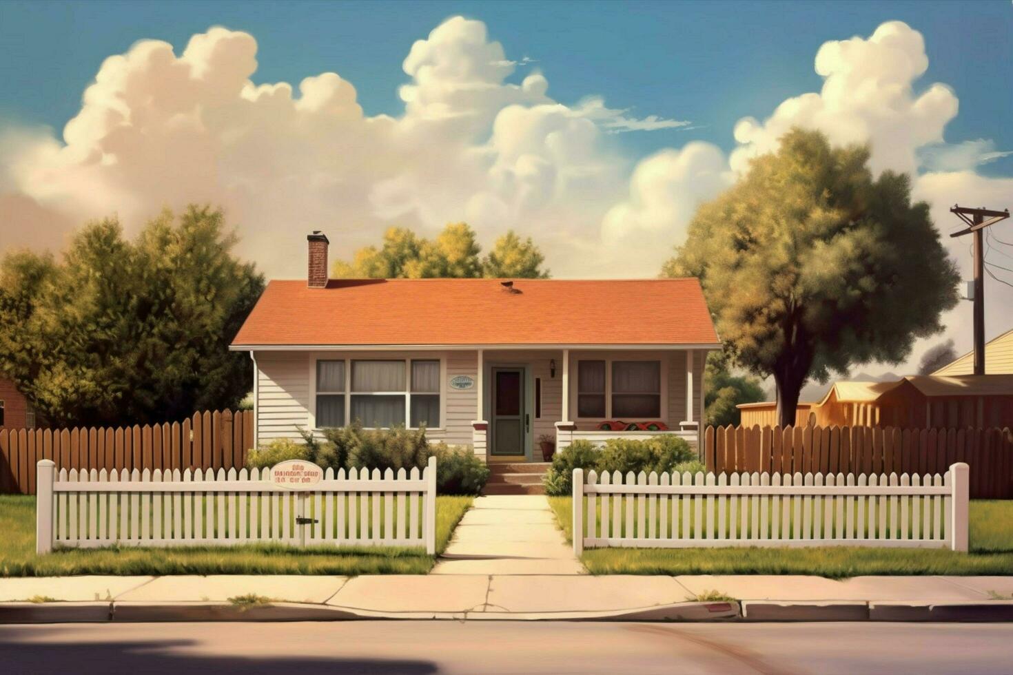 a house with a garage and a fence in front of it photo