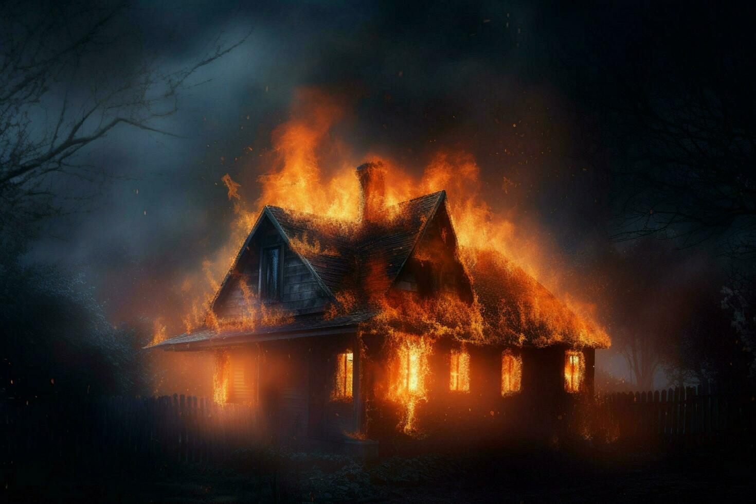 a house is burning in the night with the word fir photo