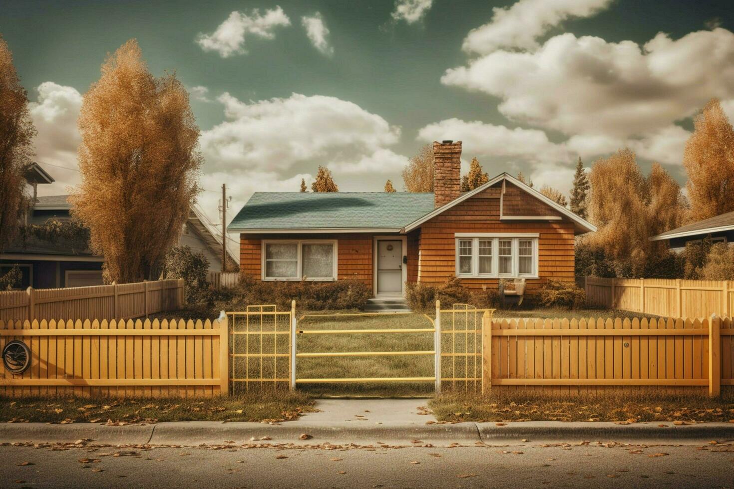 a house with a garage and a fence in front of it photo