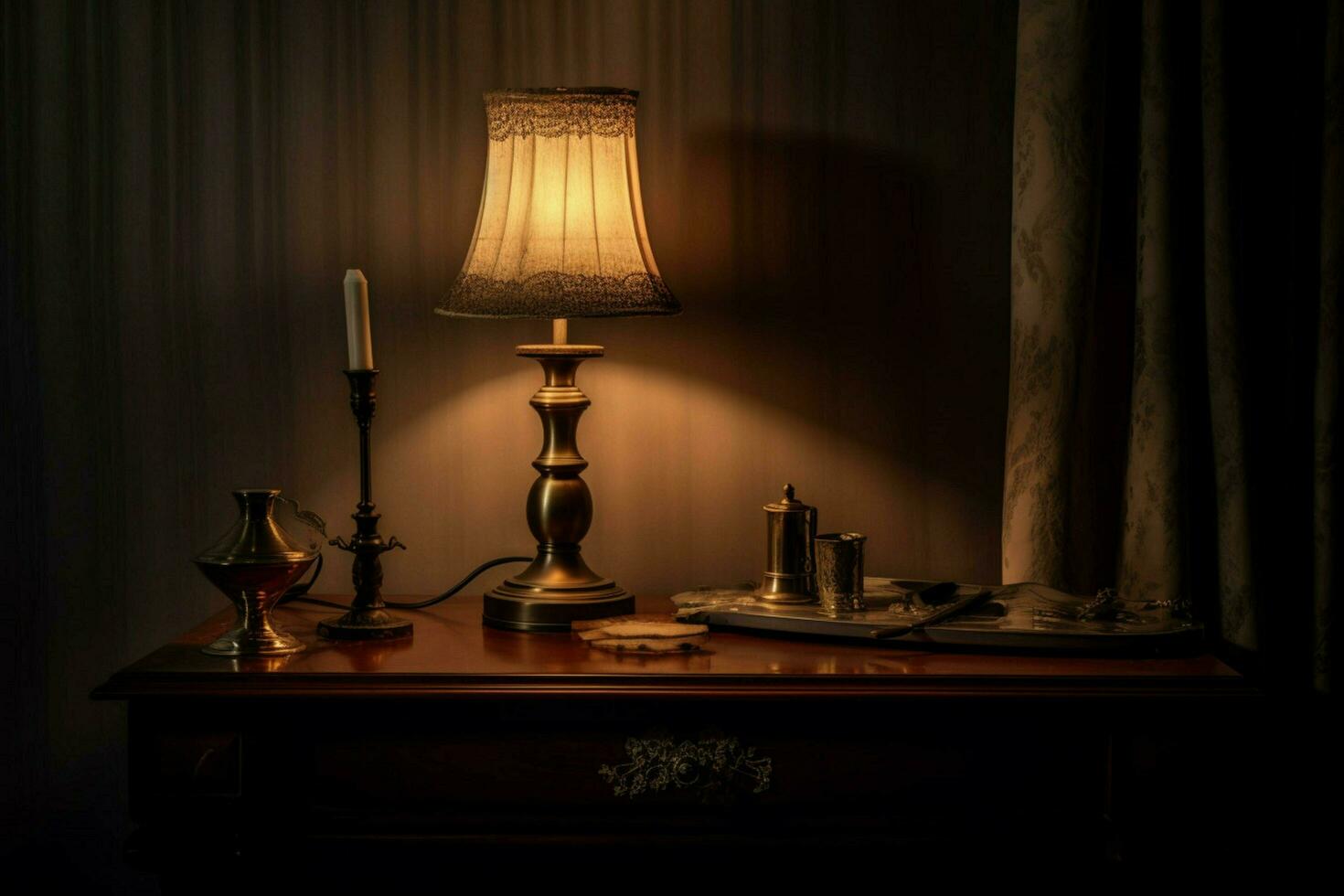 a lamp and a candle are next to a lamp that is on photo