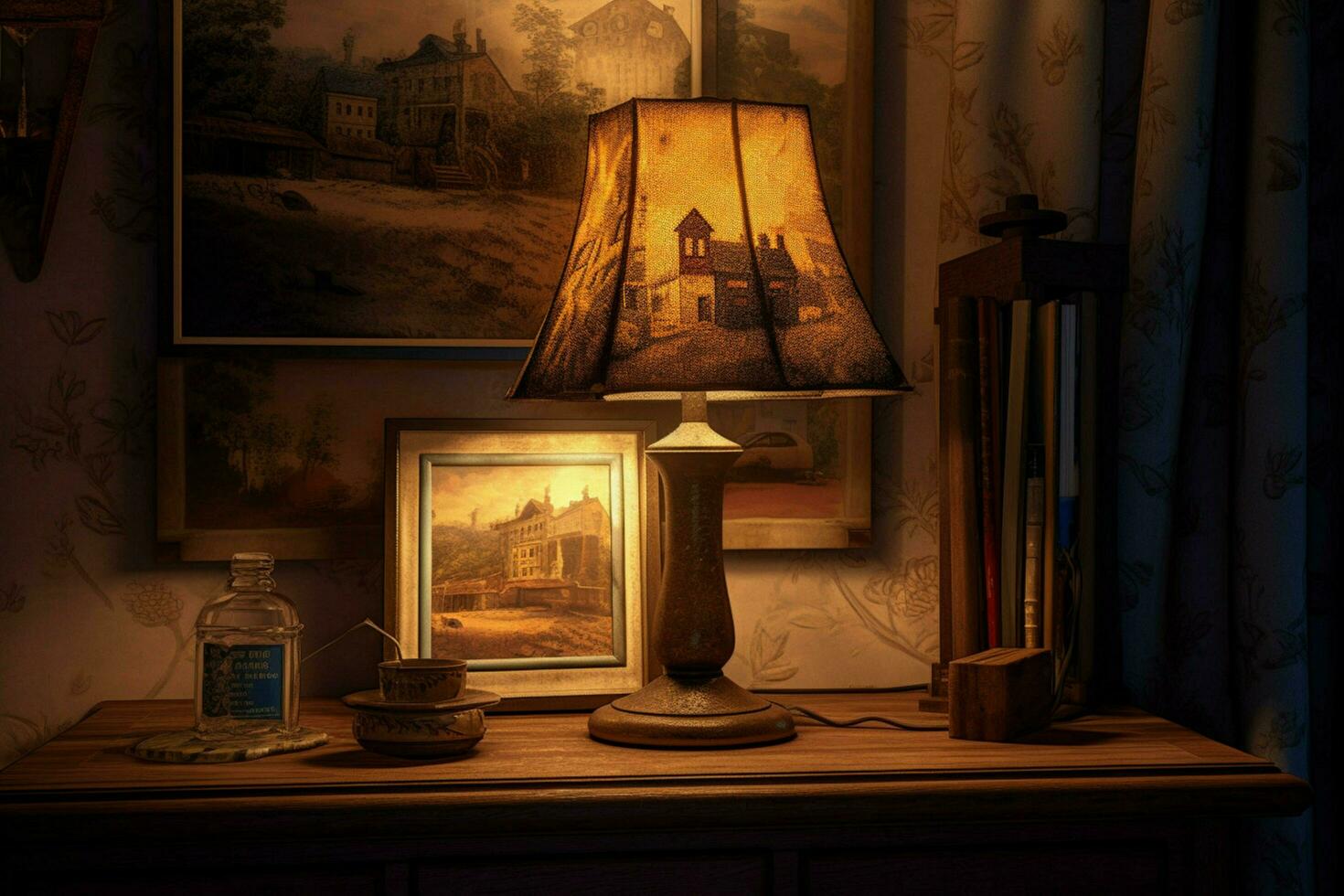 a lamp and a picture frame are on a table photo