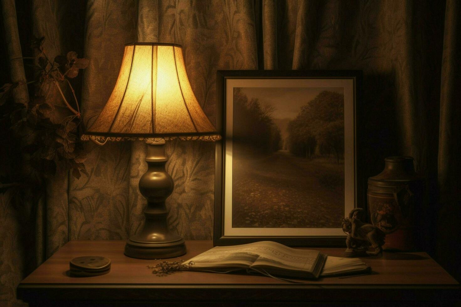 a lamp and a picture frame are on a table photo