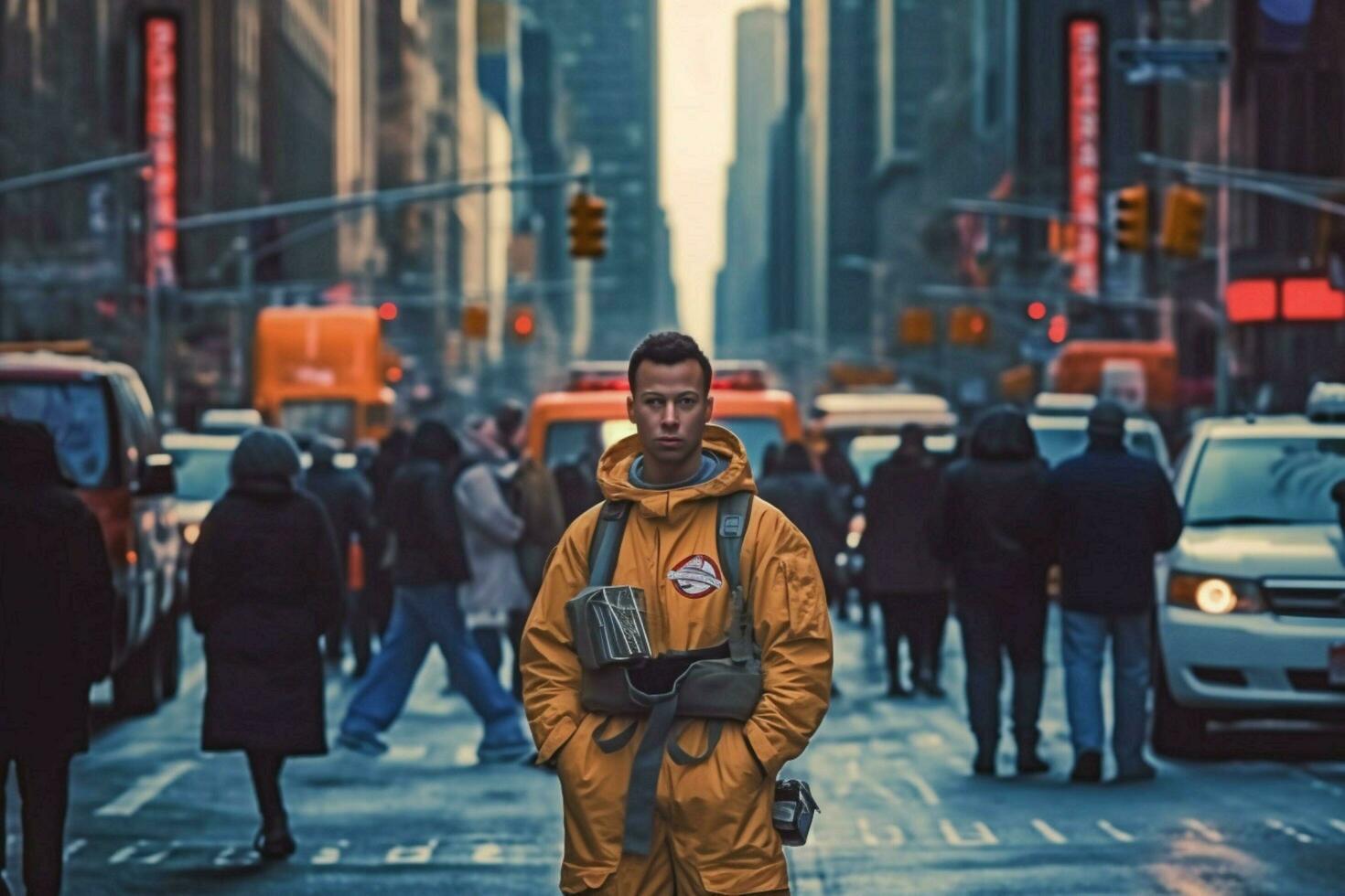 a man in a jacket with the name ghostbusters on it photo