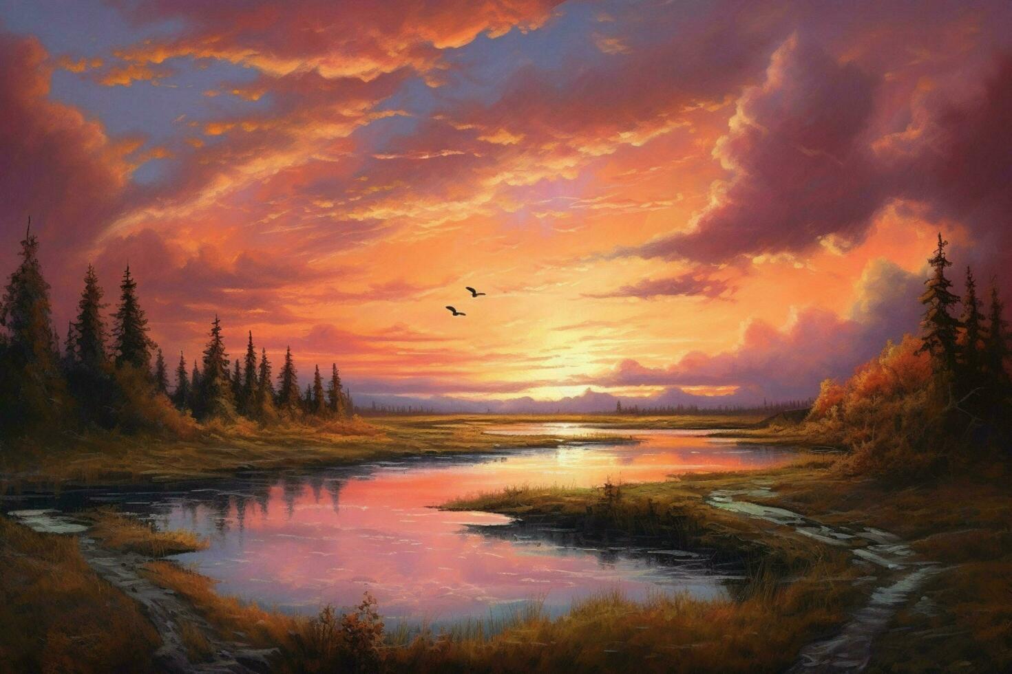 a landscape with a lake and clouds and a sunset photo
