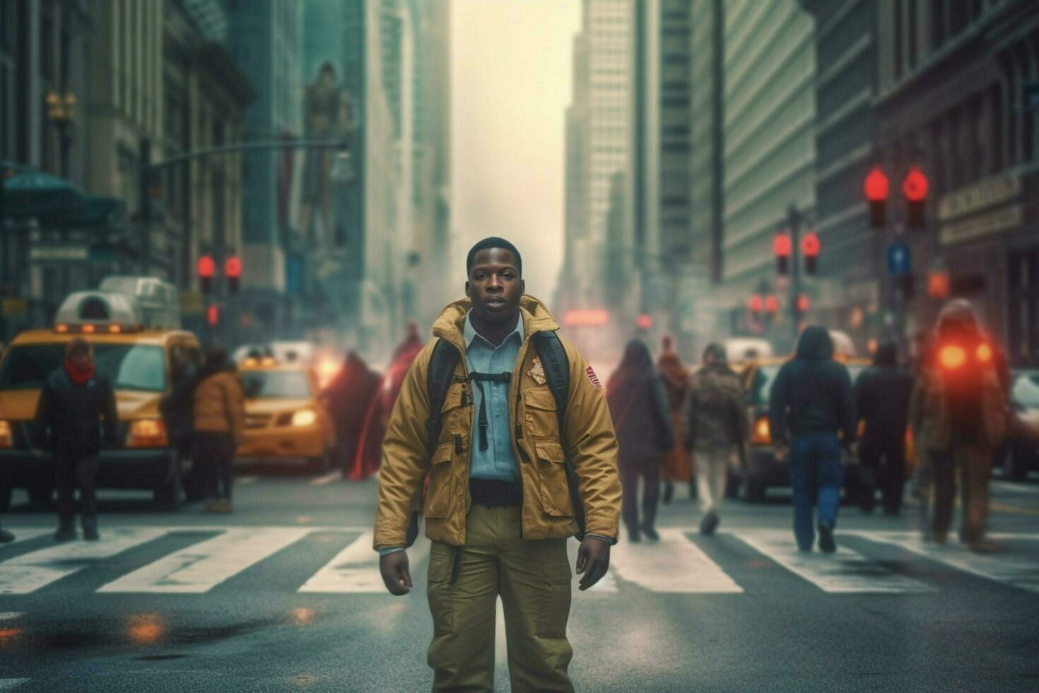 a man in a jacket with the name ghostbusters on it photo