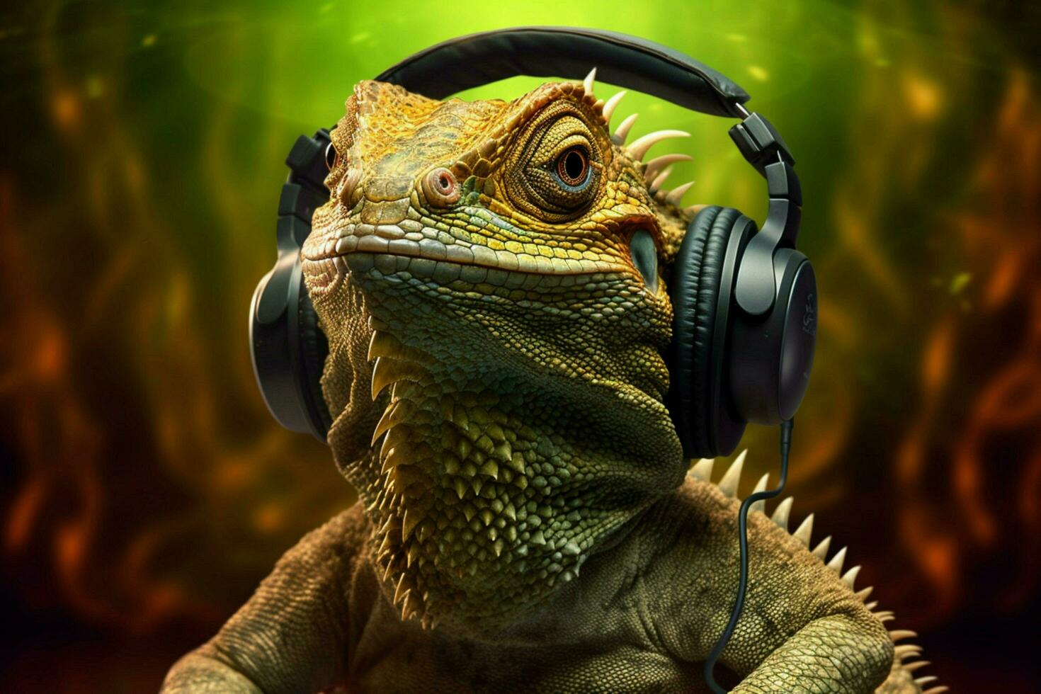 a lizard with headphones on his head photo