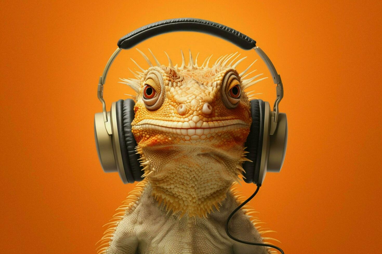 a lizard with headphones on his head photo