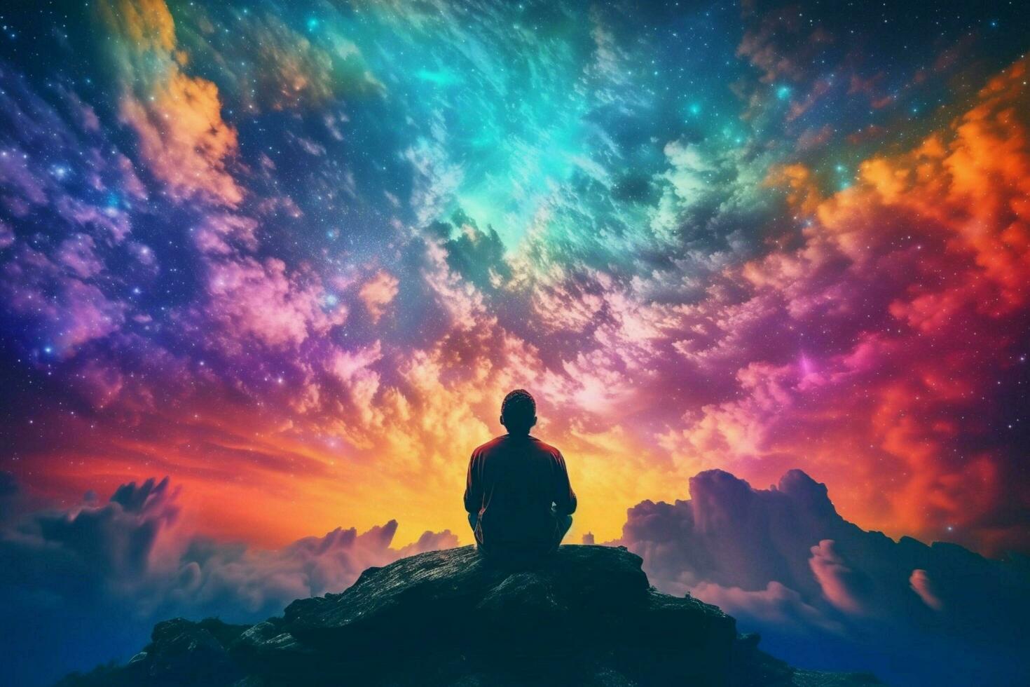 a man meditating in front of a colorful sky photo