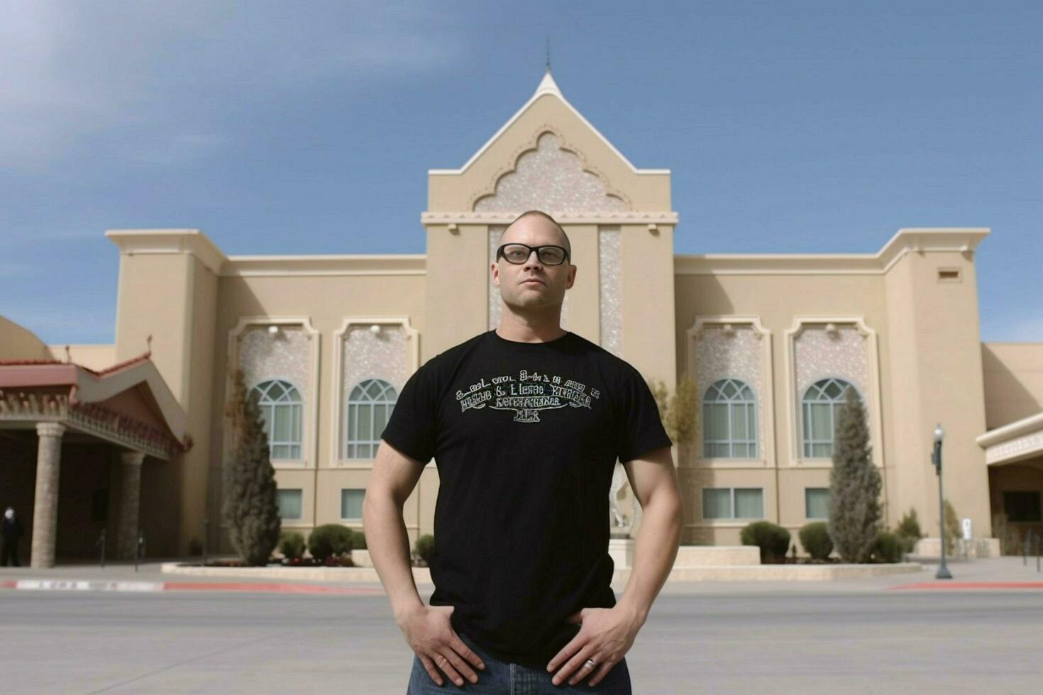 a man in a black shirt stands in front of a large photo