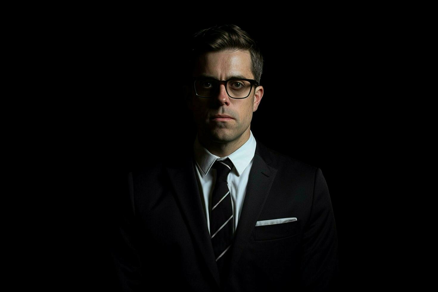 a man in a suit and glasses stands in front of a photo