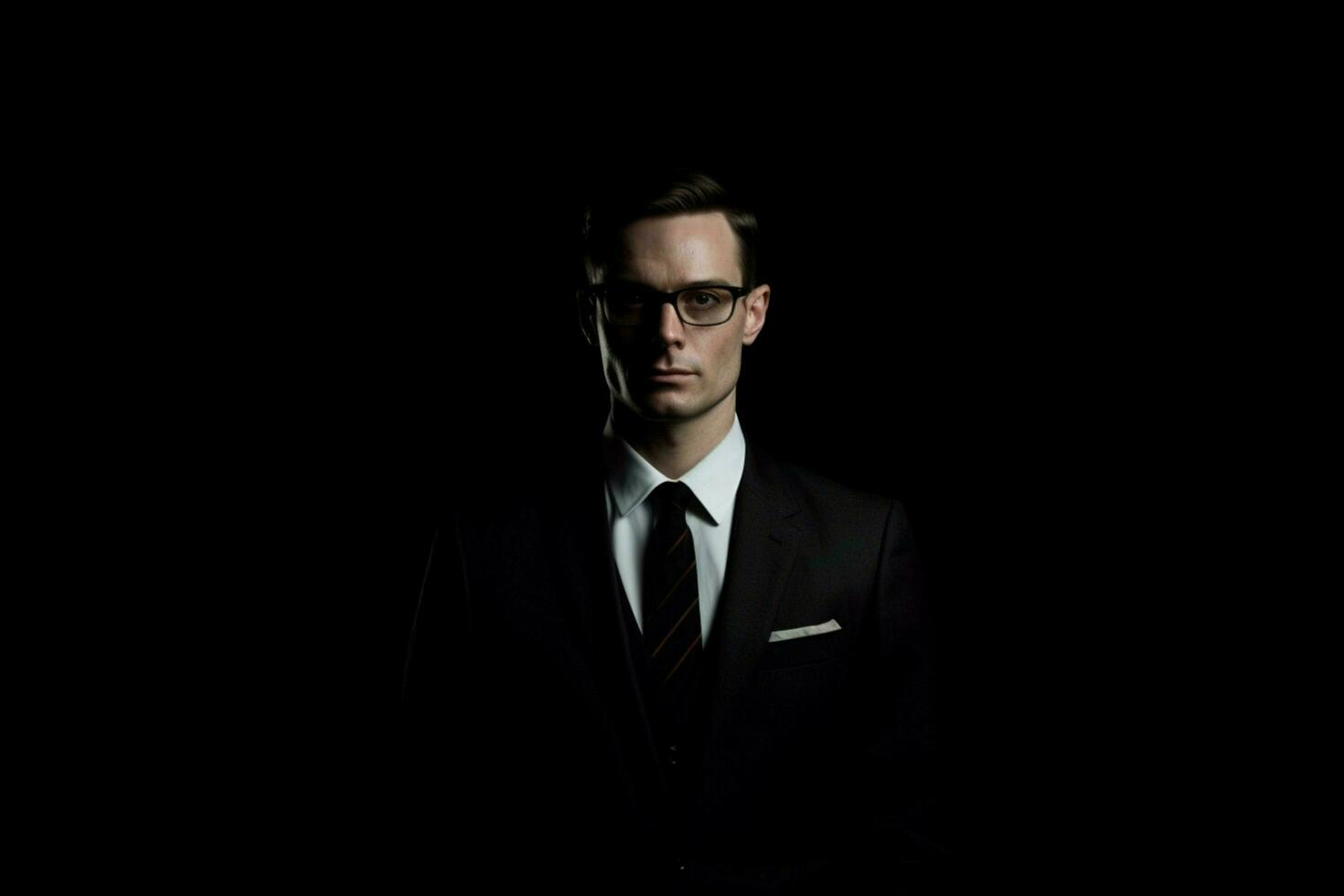 a man in a suit and glasses stands in front of a photo
