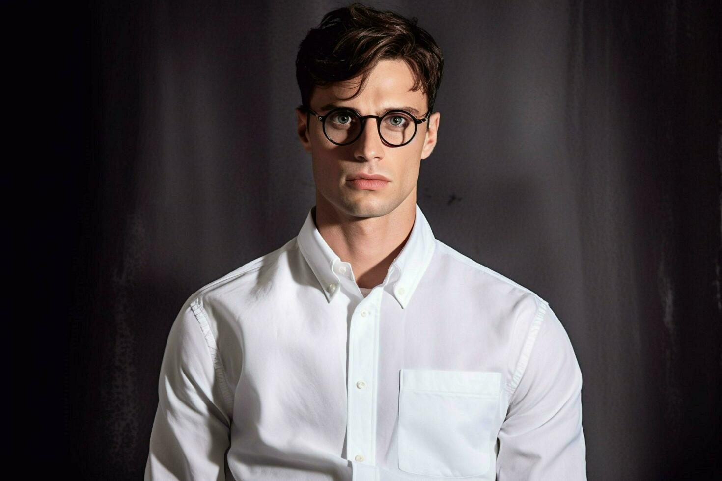 a man in a white shirt with glasses and a shirt t photo