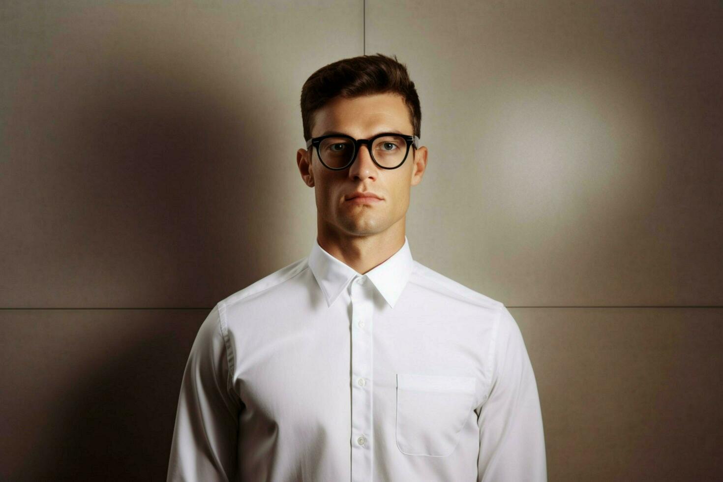 a man in a white shirt with glasses and a shirt t photo