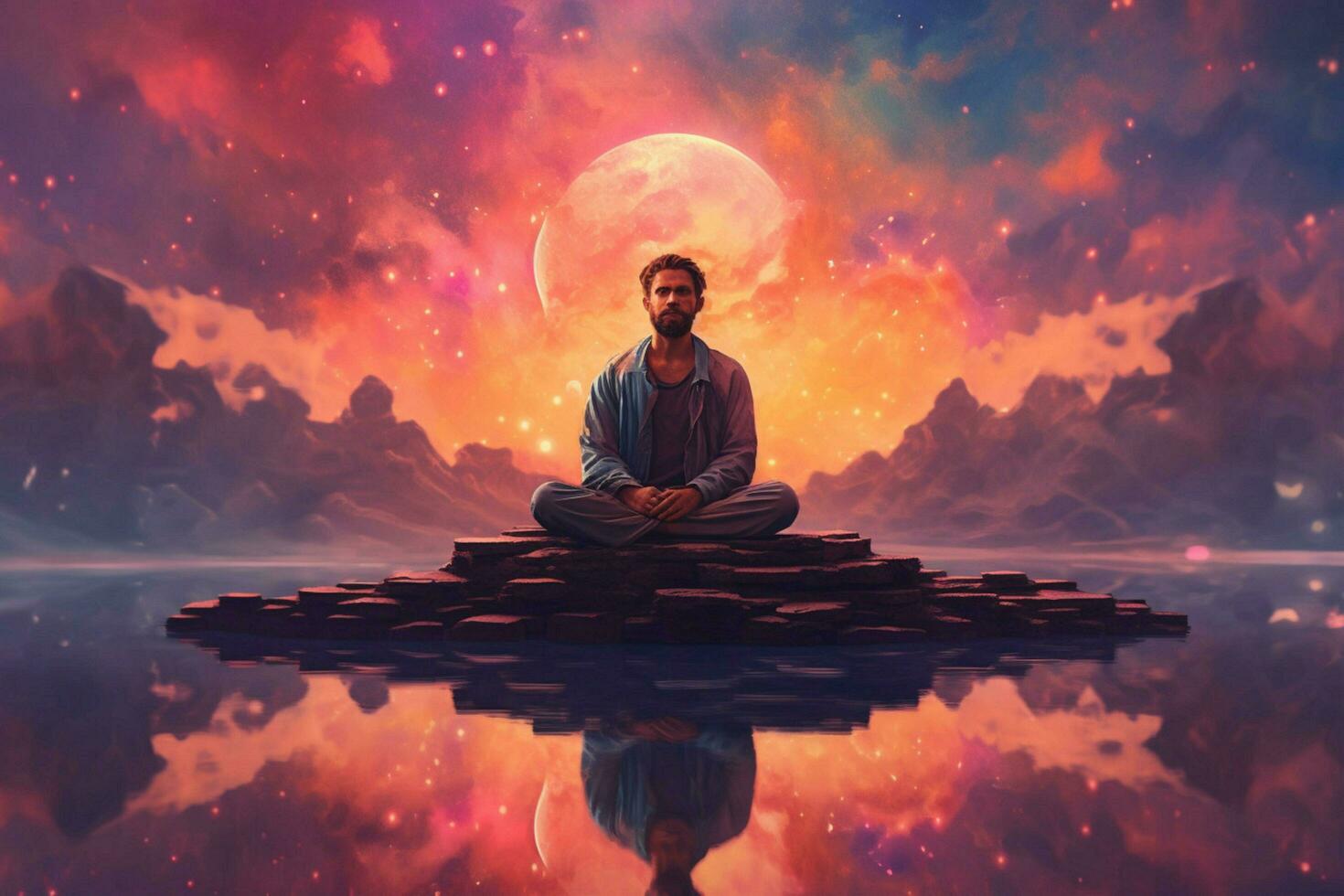 a man meditating in front of a colorful sky photo