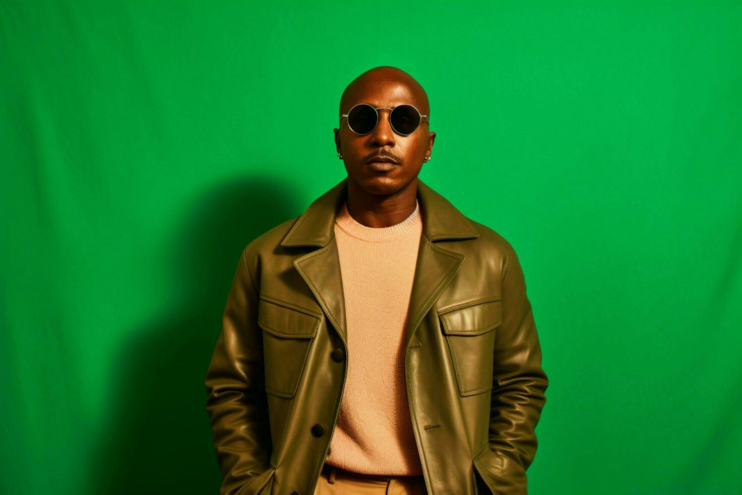 a man wearing a brown jacket and sunglasses stand photo