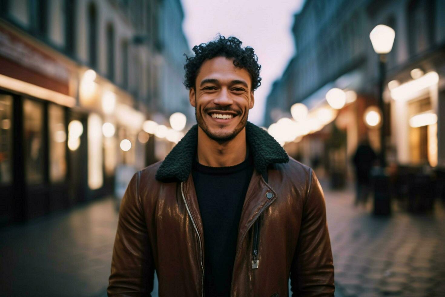 a man wearing a brown leather jacket smiles for t photo