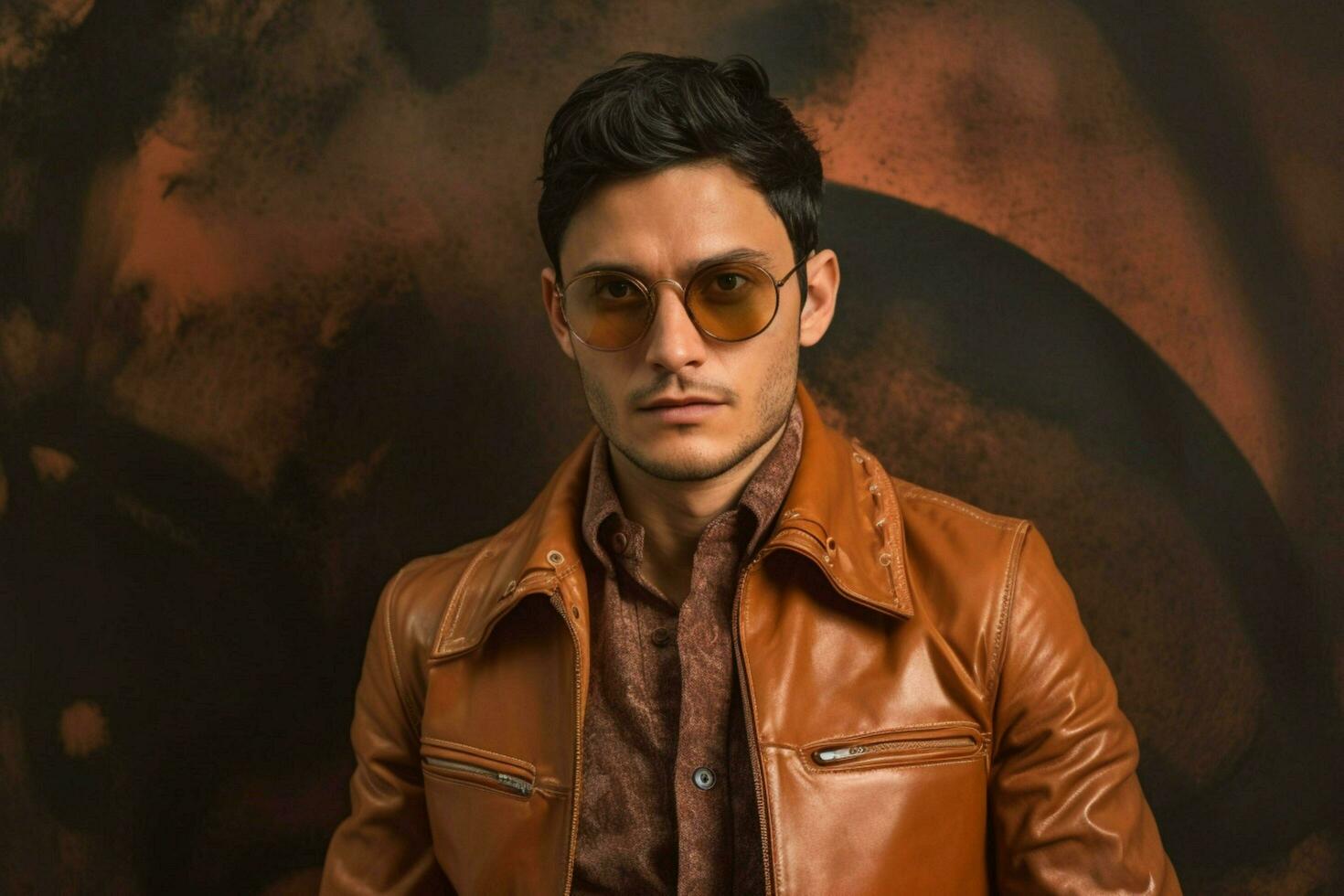 a man wearing a brown leather jacket and glasses photo