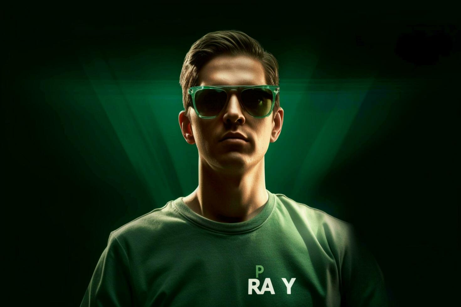 a man wearing a green shirt and sunglasses with t photo