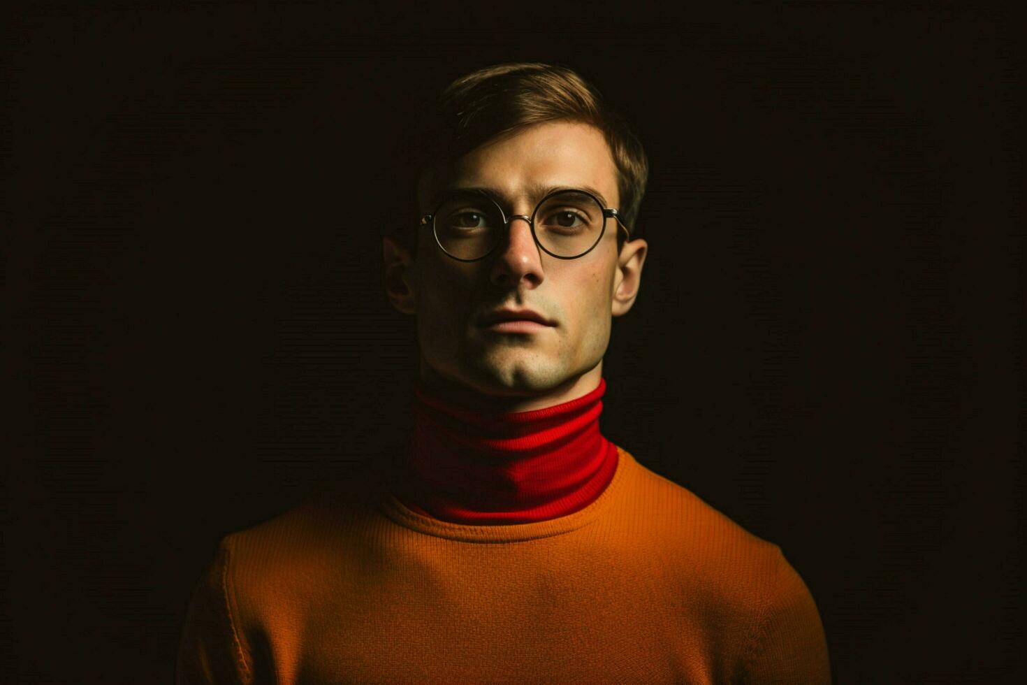 a man wearing a red turtleneck and gold rimmed gl photo