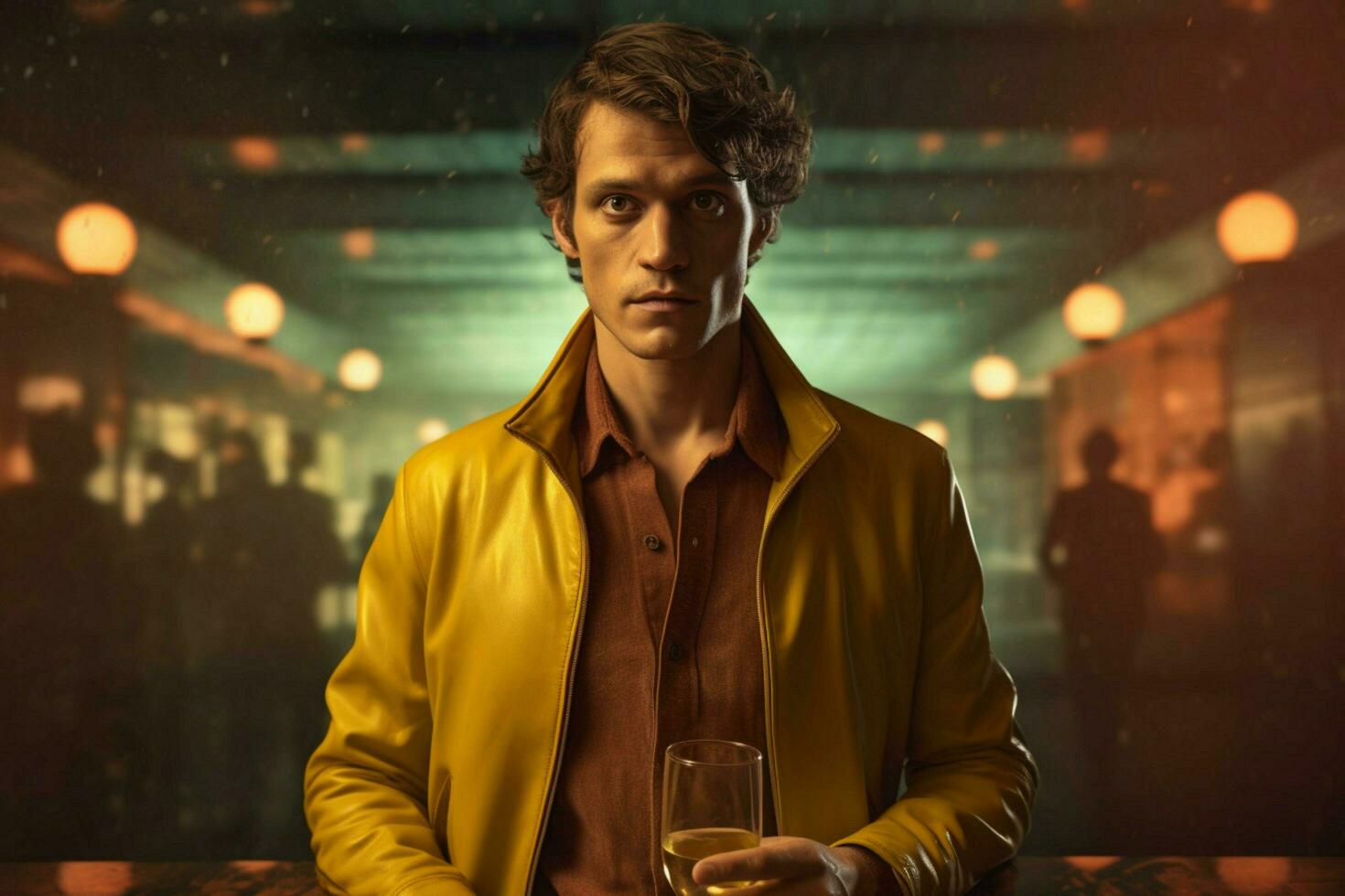 a man wearing a yellow shirt and a brown jacket w photo