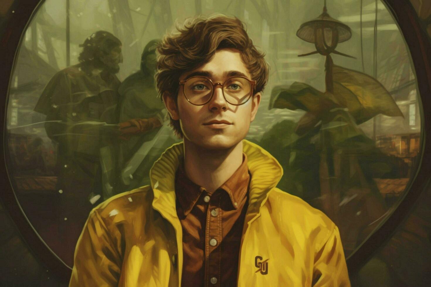 a man wearing a yellow shirt and a brown jacket w photo