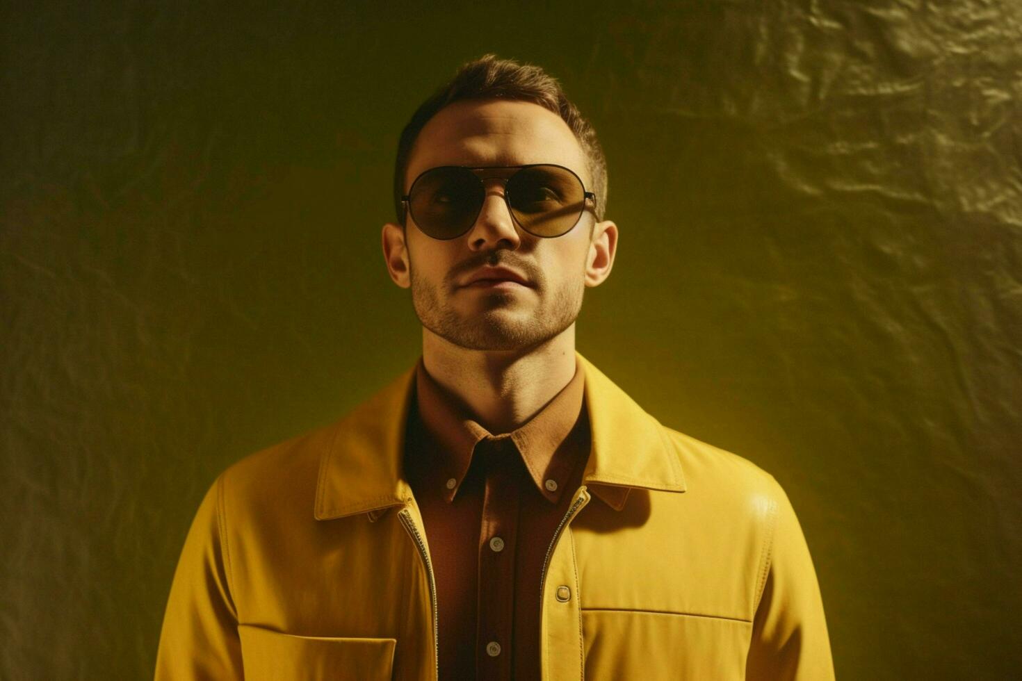 un hombre vistiendo un amarillo camisa y un marrón chaqueta w foto