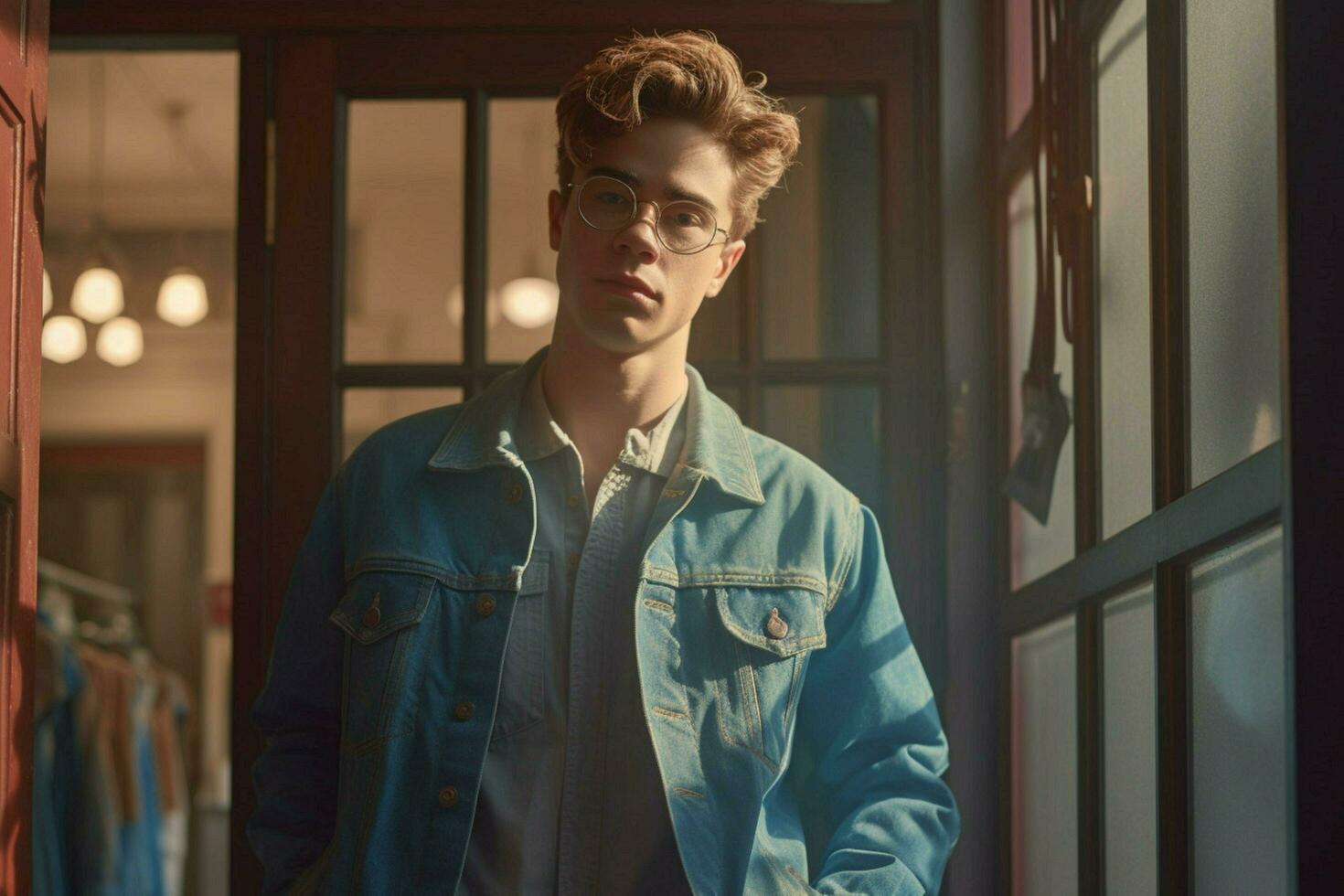 a man wearing glasses stands in front of a window photo