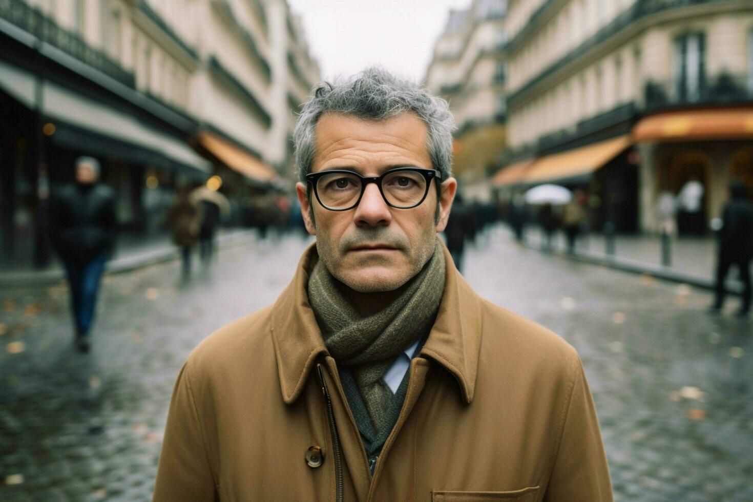 un hombre vistiendo lentes soportes en un calle en París foto