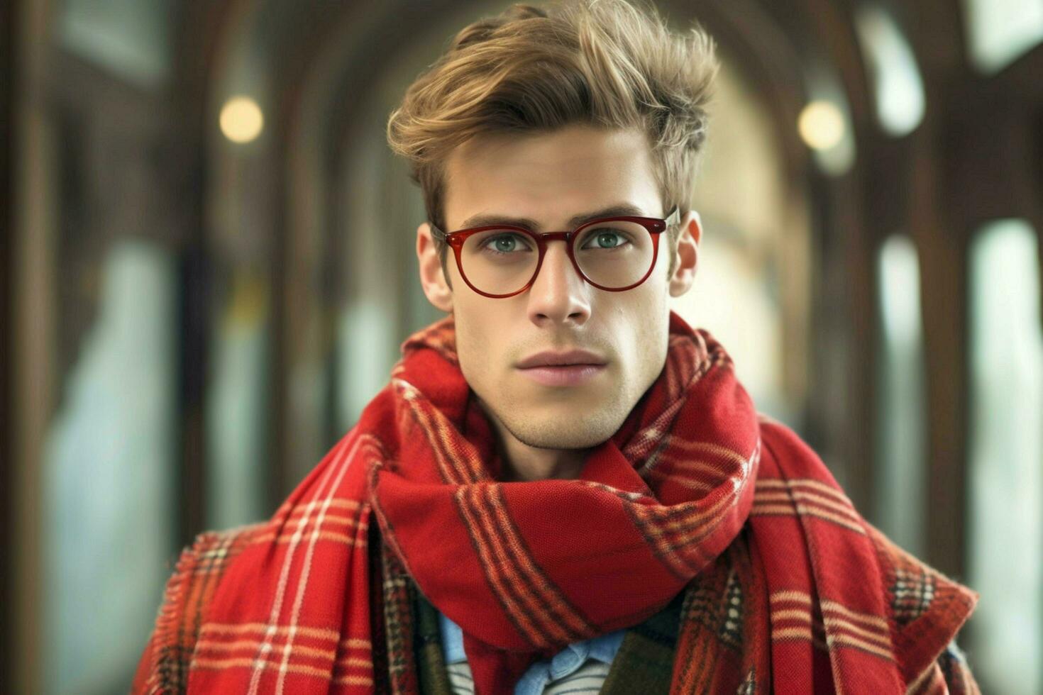 a man wearing red glasses and a red plaid scarf photo